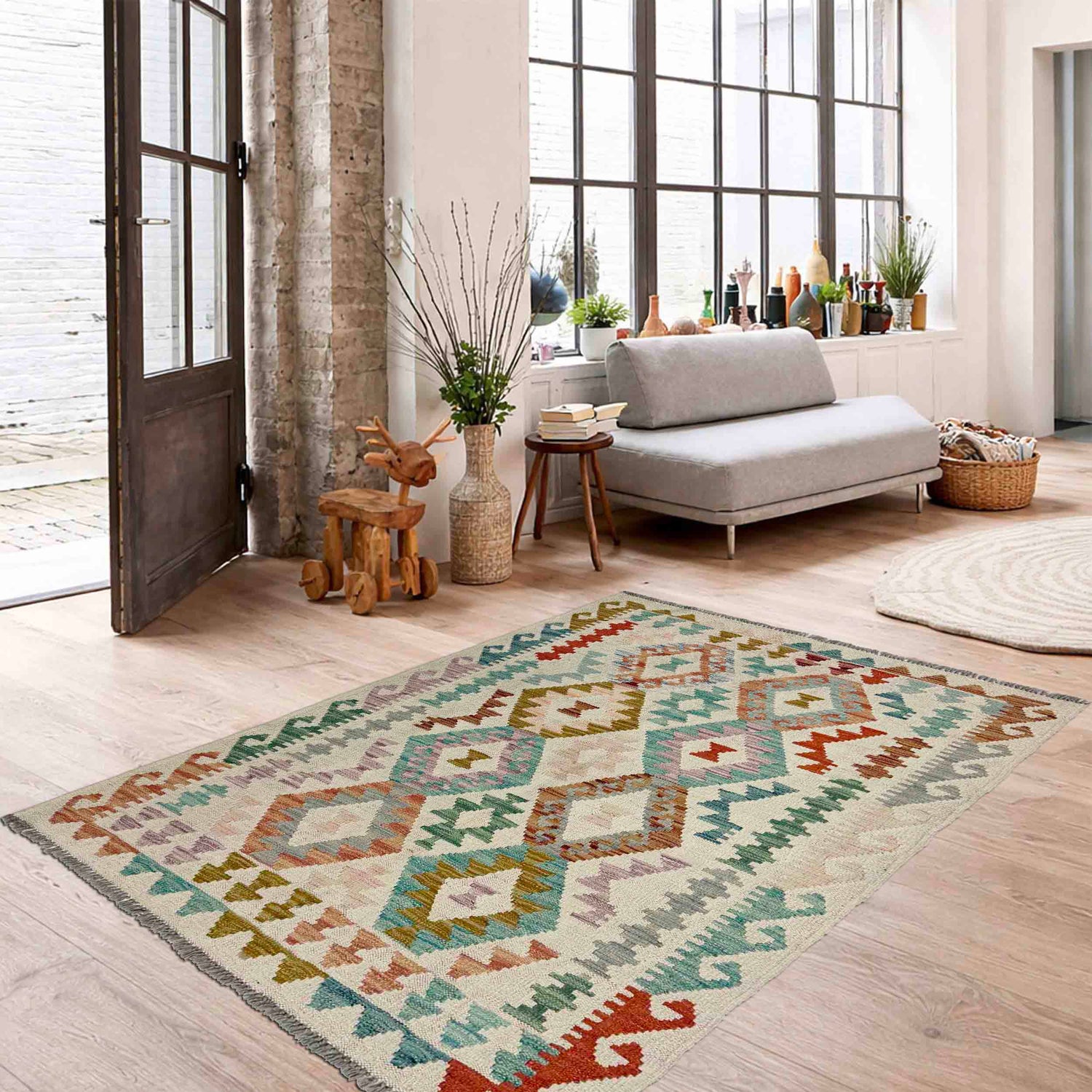 Hand Knotted Flatweave Kilim 3' 7" x 4' 11" ft / 109 x 149 cm - No. R37898