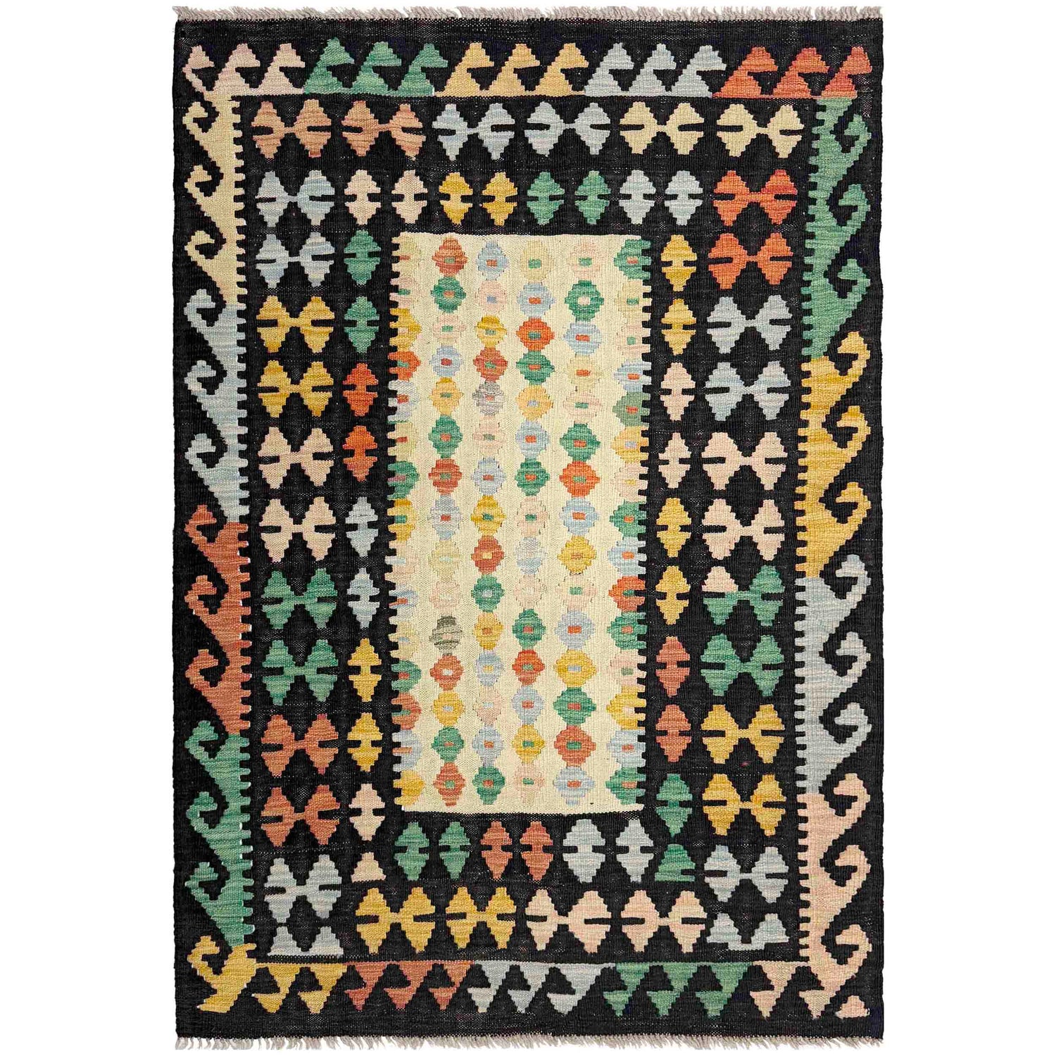 Multi Color ful Flat-Weave Wool Kilim 3' 7" x 5' 1" ft / 110 x 154 cm - No. R37902