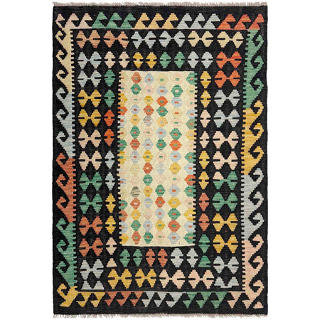 Multi Color ful Flat-Weave Wool Kilim 3' 7" x 5' 1" ft / 110 x 154 cm - No. R37902