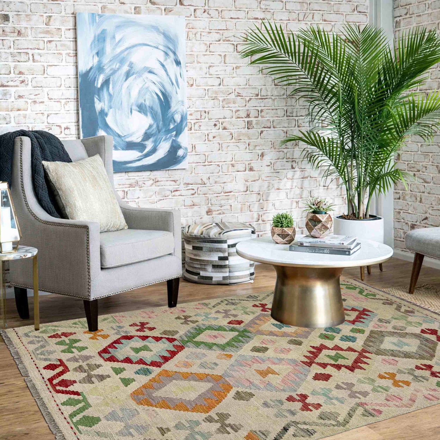 Hand Woven Wool Kelim 3' 2" x 4' 9" ft / 96 x 146 cm - No. R37914