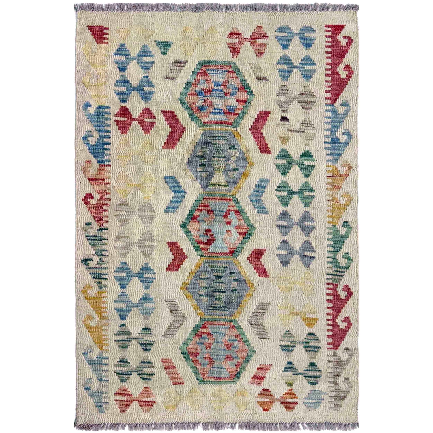 Multi Color ful Flat-Weave Wool Kilim 2' 8" x 4' 1" ft / 82 x 125 cm - No. R37921