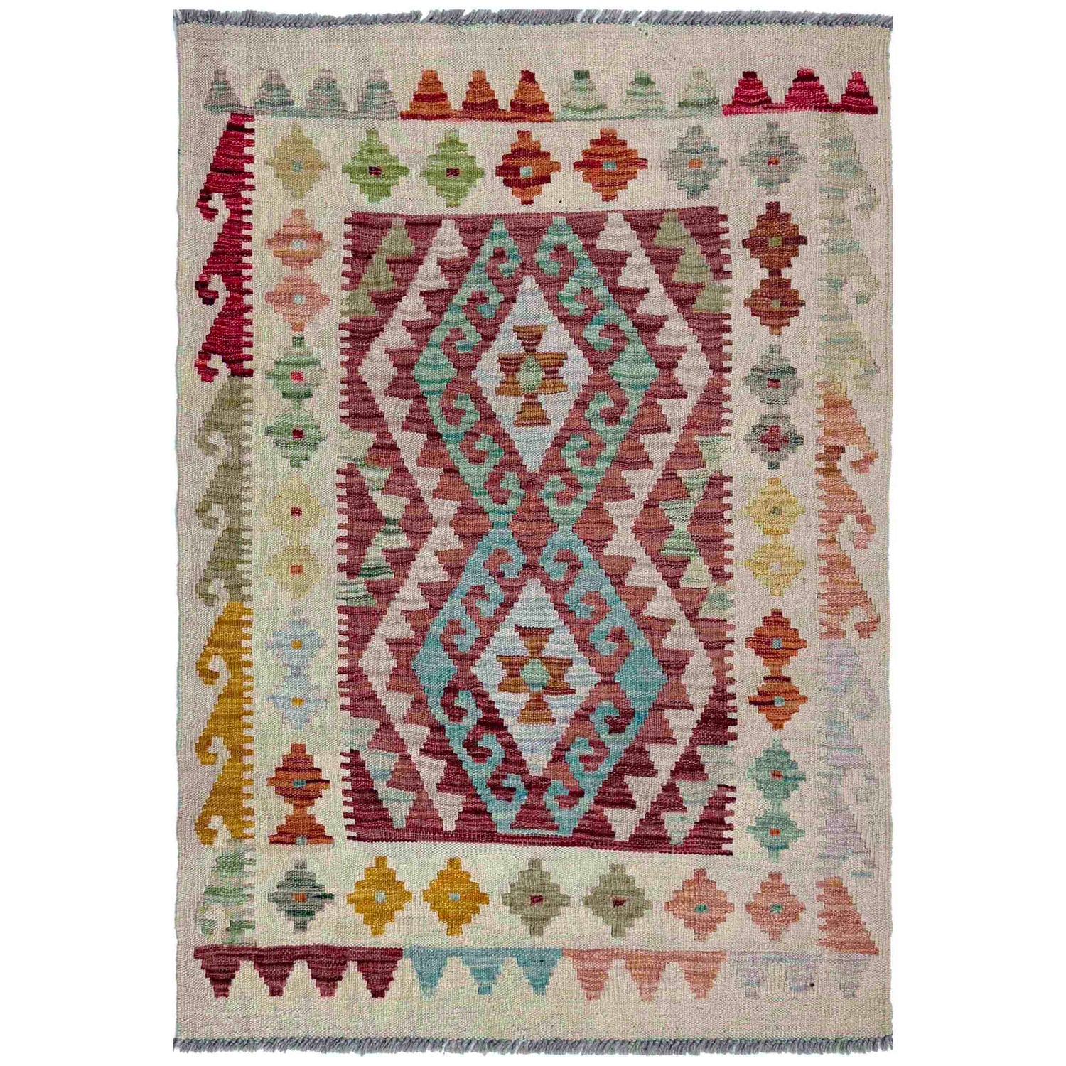 Multi Color ful Flat-Weave Wool Kilim 2' 11" x 4' 1" ft / 89 x 125 cm - No. R37965
