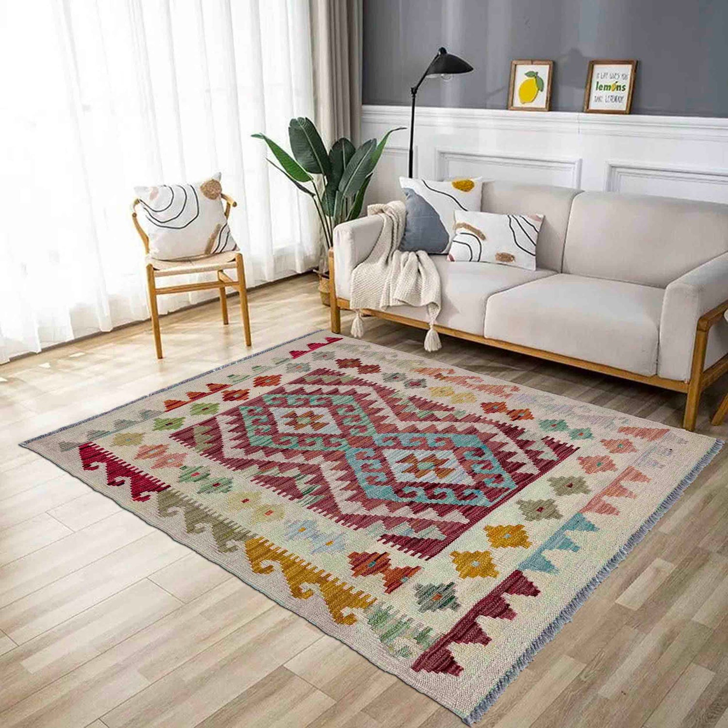 Multi Color ful Flat-Weave Wool Kilim 2' 11" x 4' 1" ft / 89 x 125 cm - No. R37965