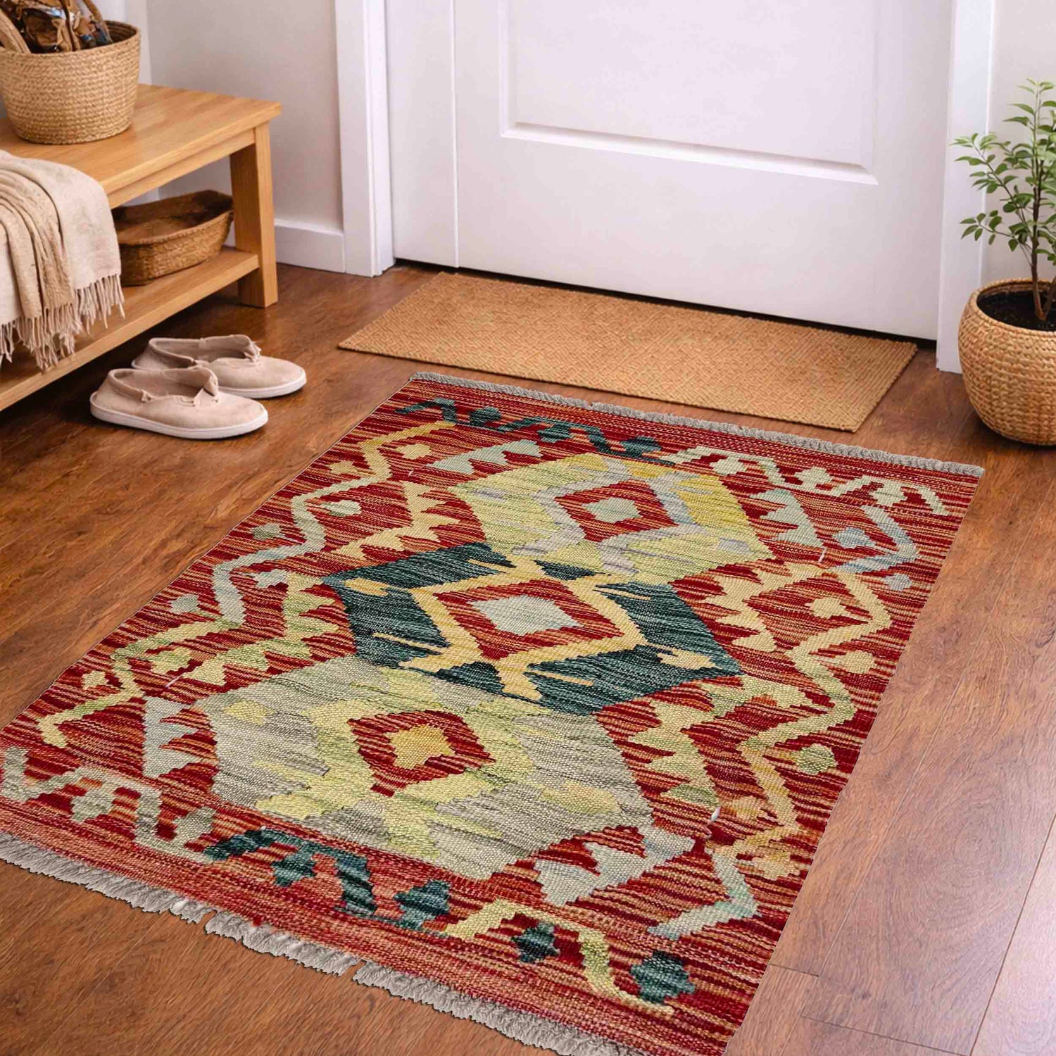Handmade Turkish Design Wool Kilim 1' 10" x 2' 5" ft / 57 x 73 cm - No. R37997