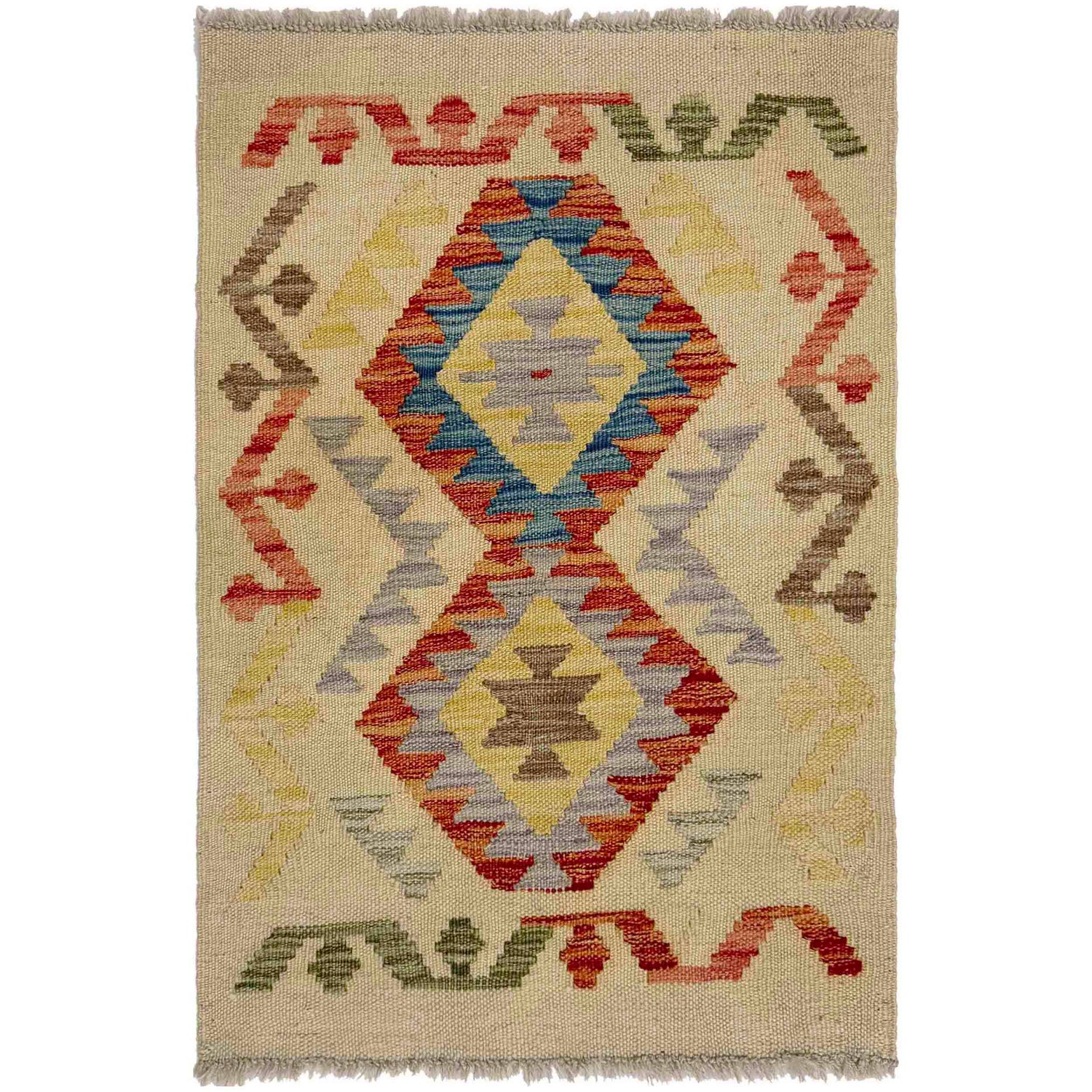 Hand Woven Wool Kelim 1' 10" x 2' 6" ft / 55 x 76 cm - No. R38010