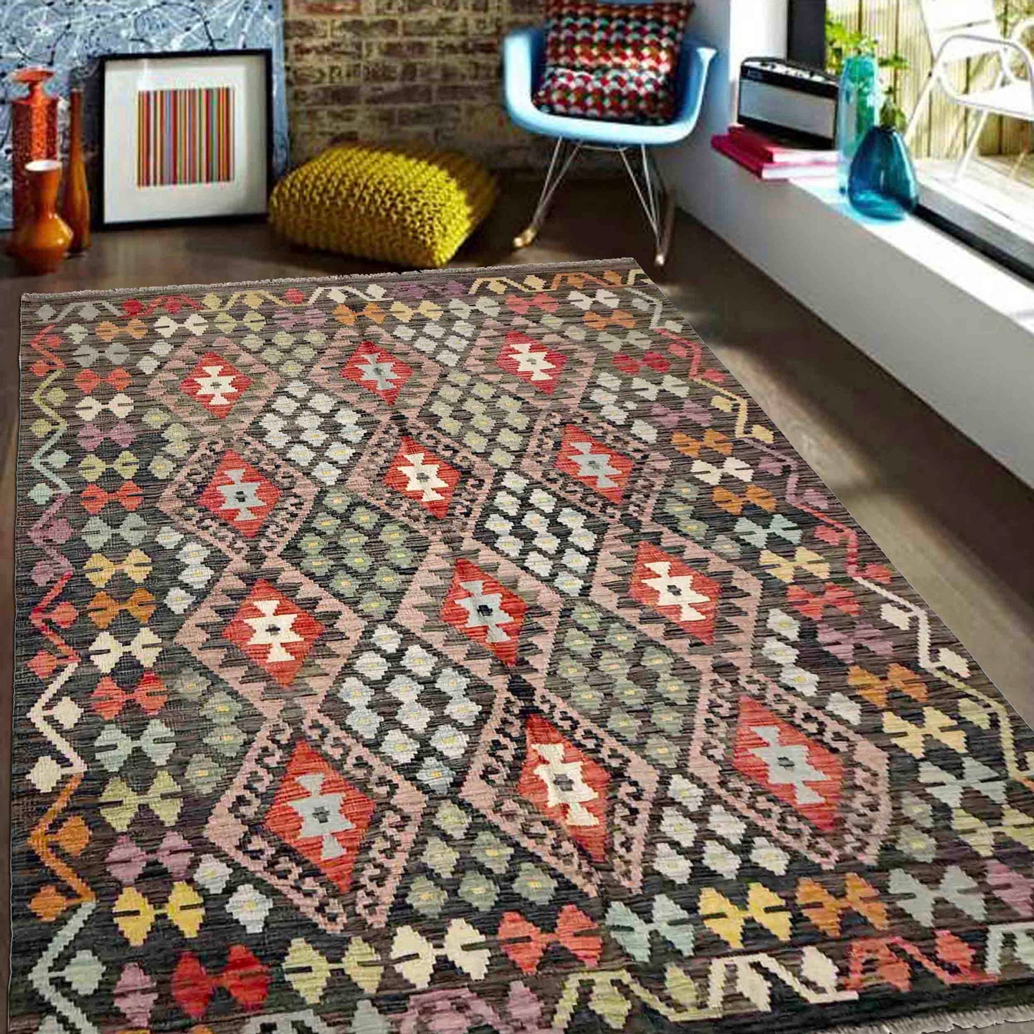 Hand Woven Wool Kelim 5' 1" x 6' 7" ft / 154 x 200 cm - No. R38052
