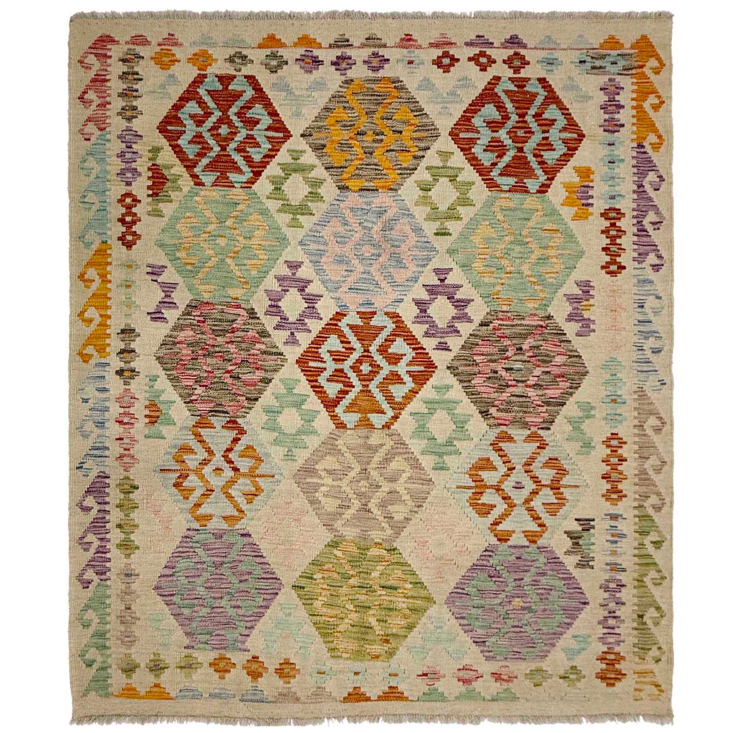 Hand Woven Wool Kelim 4' 10" x 6' 0" ft / 147 x 182 cm - No. R38288