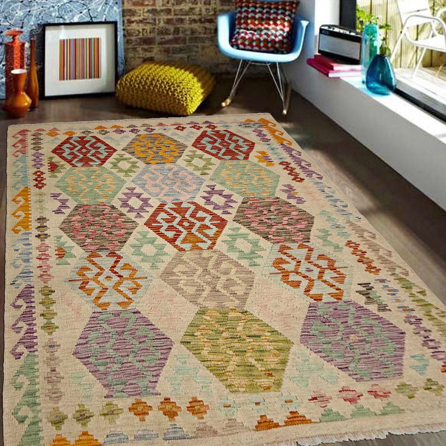 Hand Woven Wool Kelim 4' 10" x 6' 0" ft / 147 x 182 cm - No. R38288