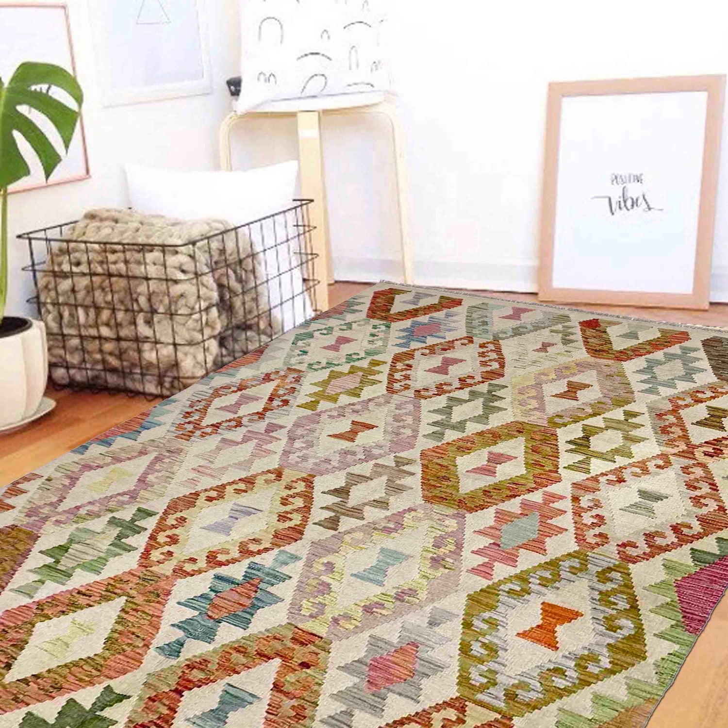 Hand Woven Wool Kelim 4' 11" x 6' 6" ft / 149 x 197 cm - No. R38294