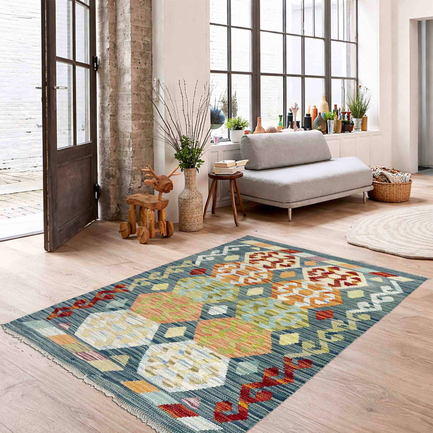 Hand Woven Wool Kelim 2' 8" x 4' 1" ft / 81 x 124 cm - No. R38297