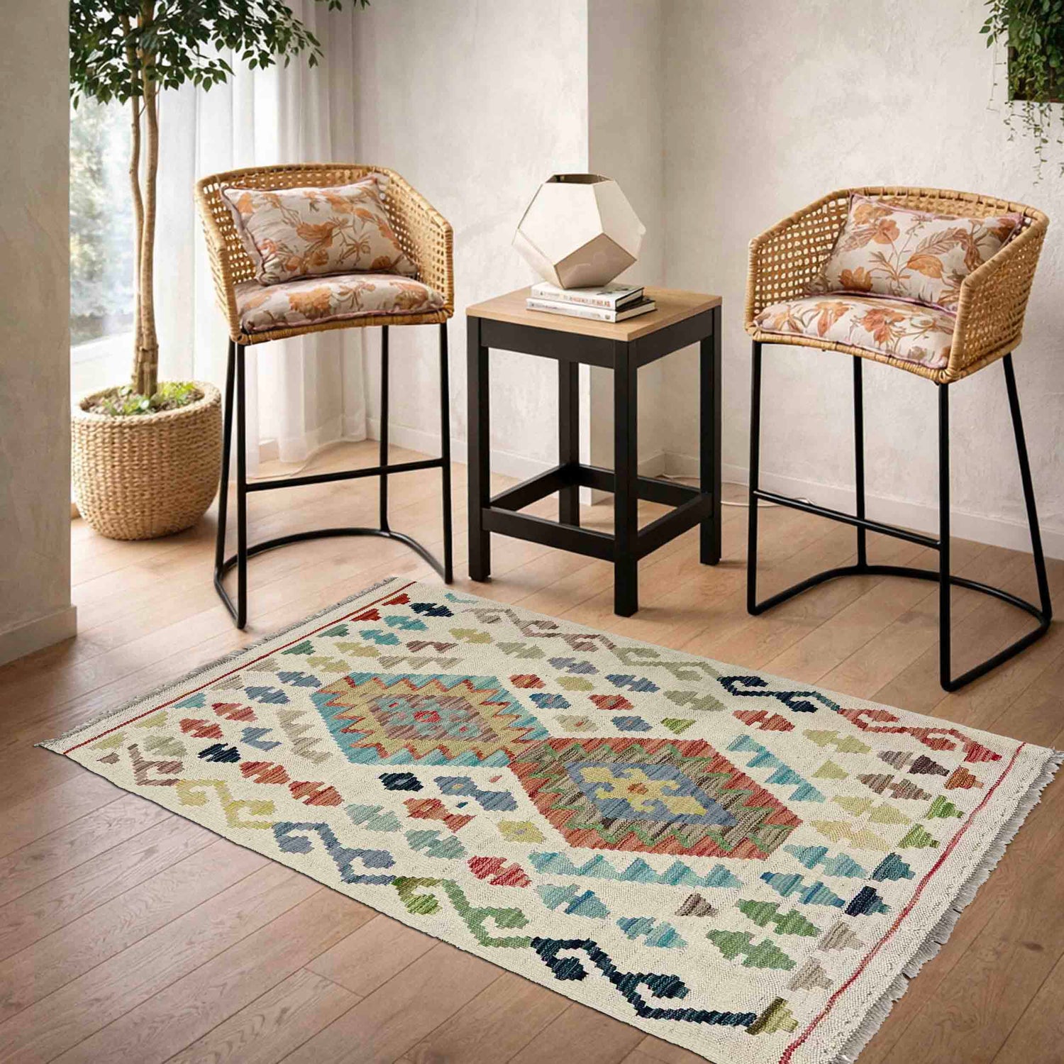 Multi Color ful Flat-Weave Wool Kilim 2' 8" x 4' 1" ft / 82 x 125 cm - No. R38298