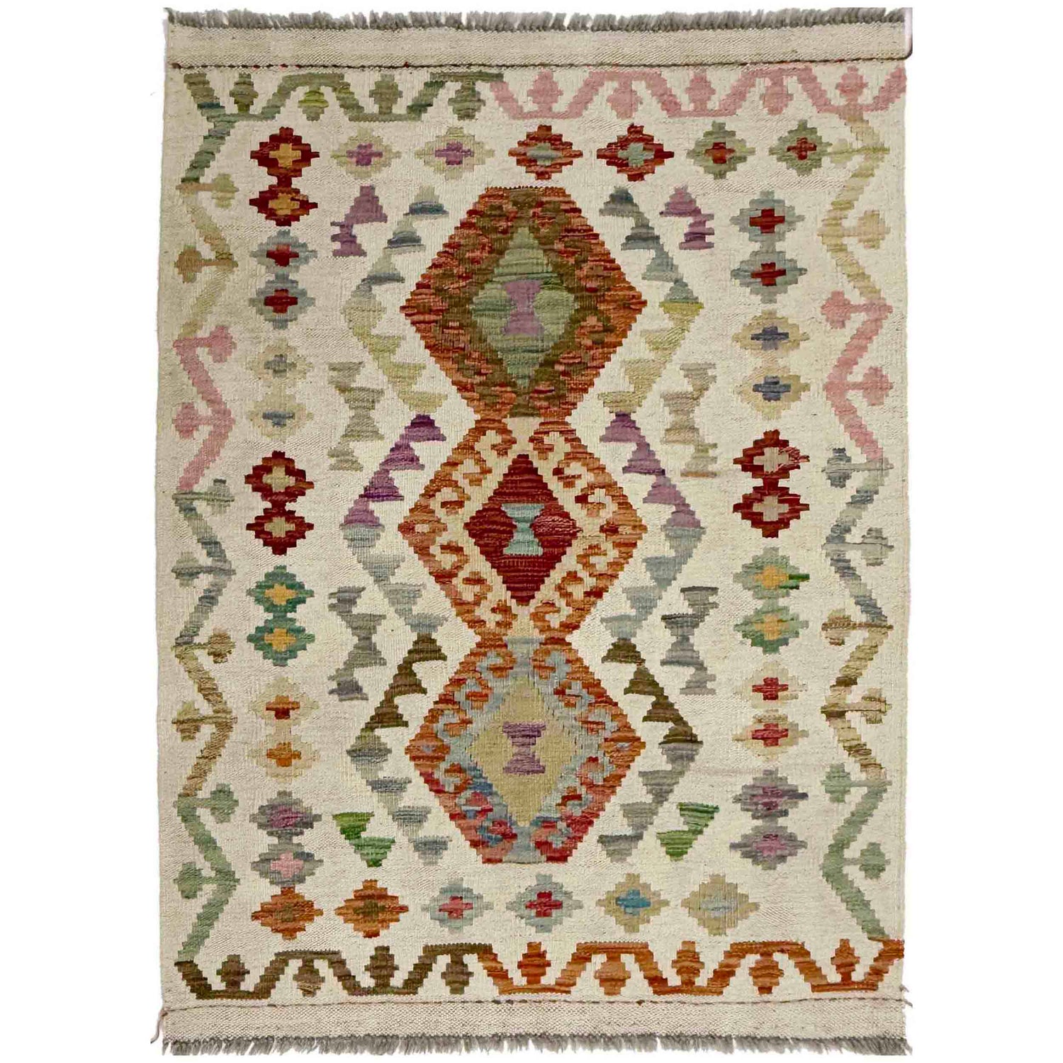 Multi Color ful Flat-Weave Wool Kilim 2' 10" x 4' 2" ft / 86 x 127 cm - No. R38312