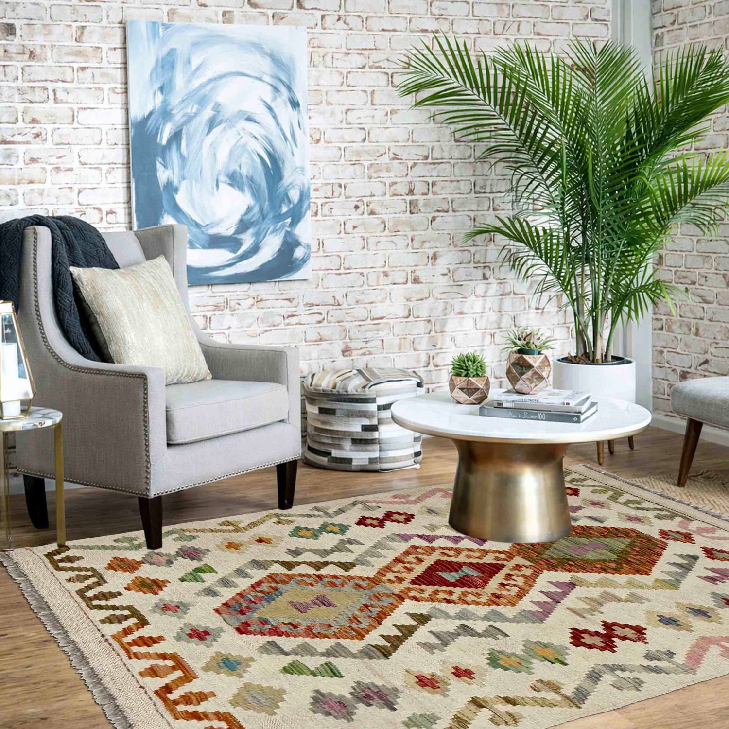 Multi Color ful Flat-Weave Wool Kilim 2' 10" x 4' 2" ft / 86 x 127 cm - No. R38312