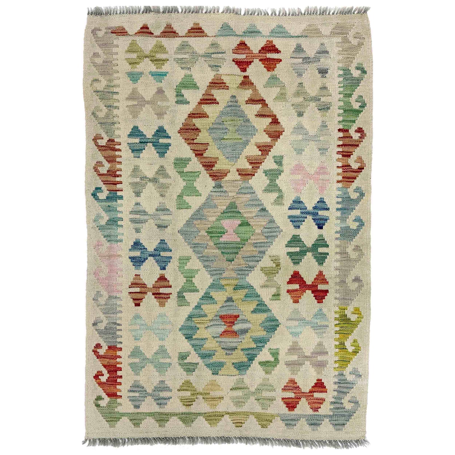 Colorful Flat-Weave Wool Kilim 2' 9" x 4' 2" ft / 83 x 128 cm - No. R38331