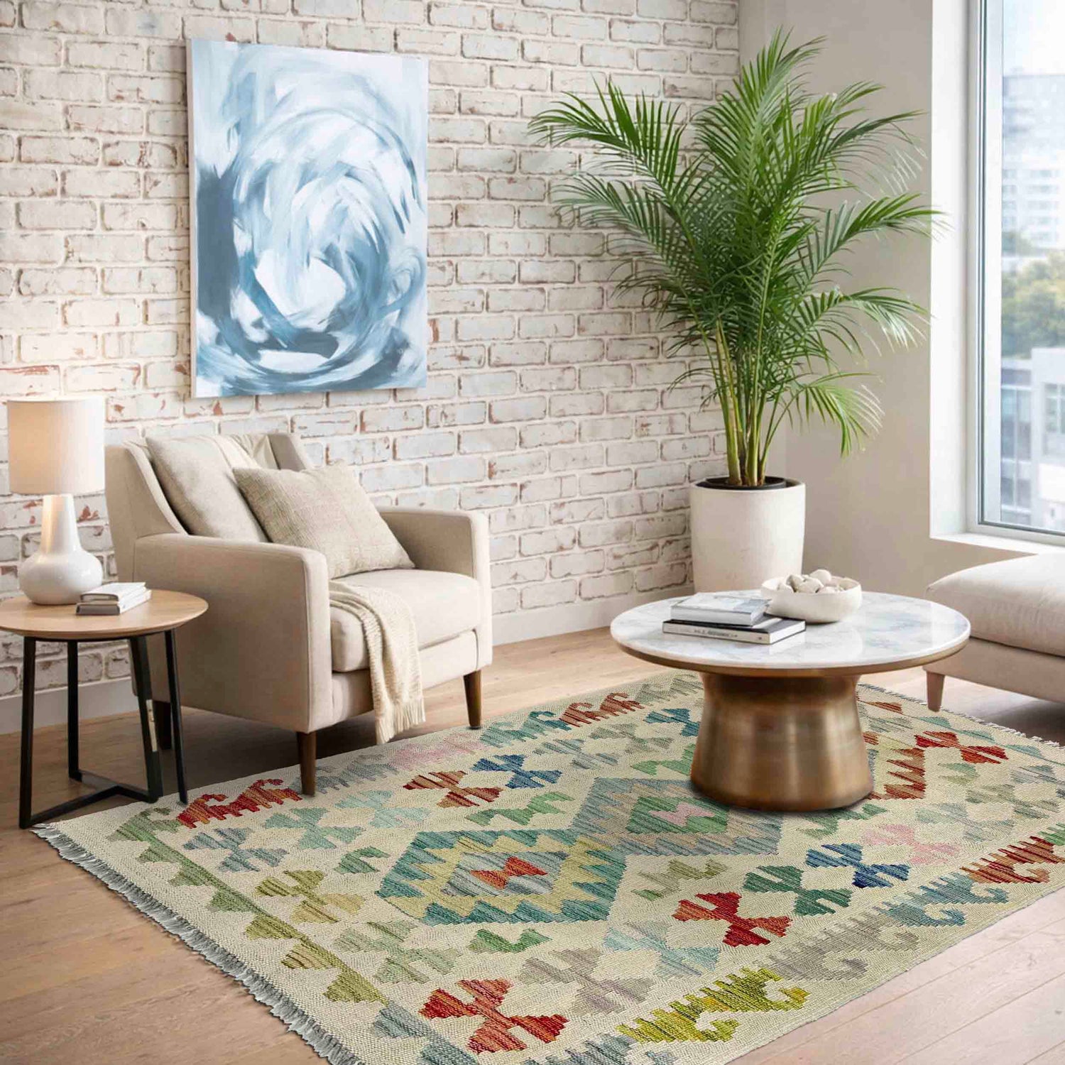 Colorful Flat-Weave Wool Kilim 2' 9" x 4' 2" ft / 83 x 128 cm - No. R38331