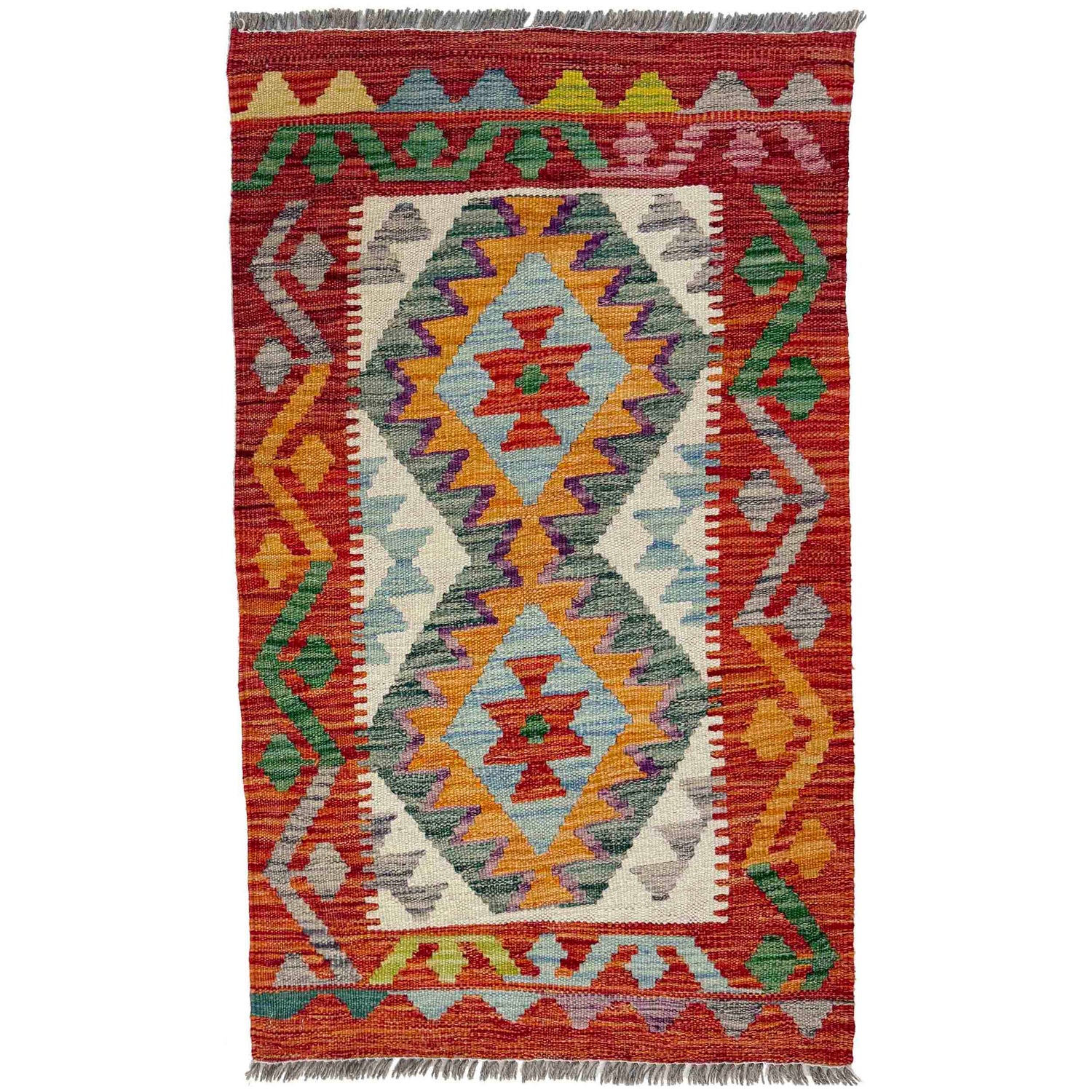 Multi Color ful Flat-Weave Wool Kilim 2' 0" x 3' 6" ft / 62 x 106 cm - No. R38374