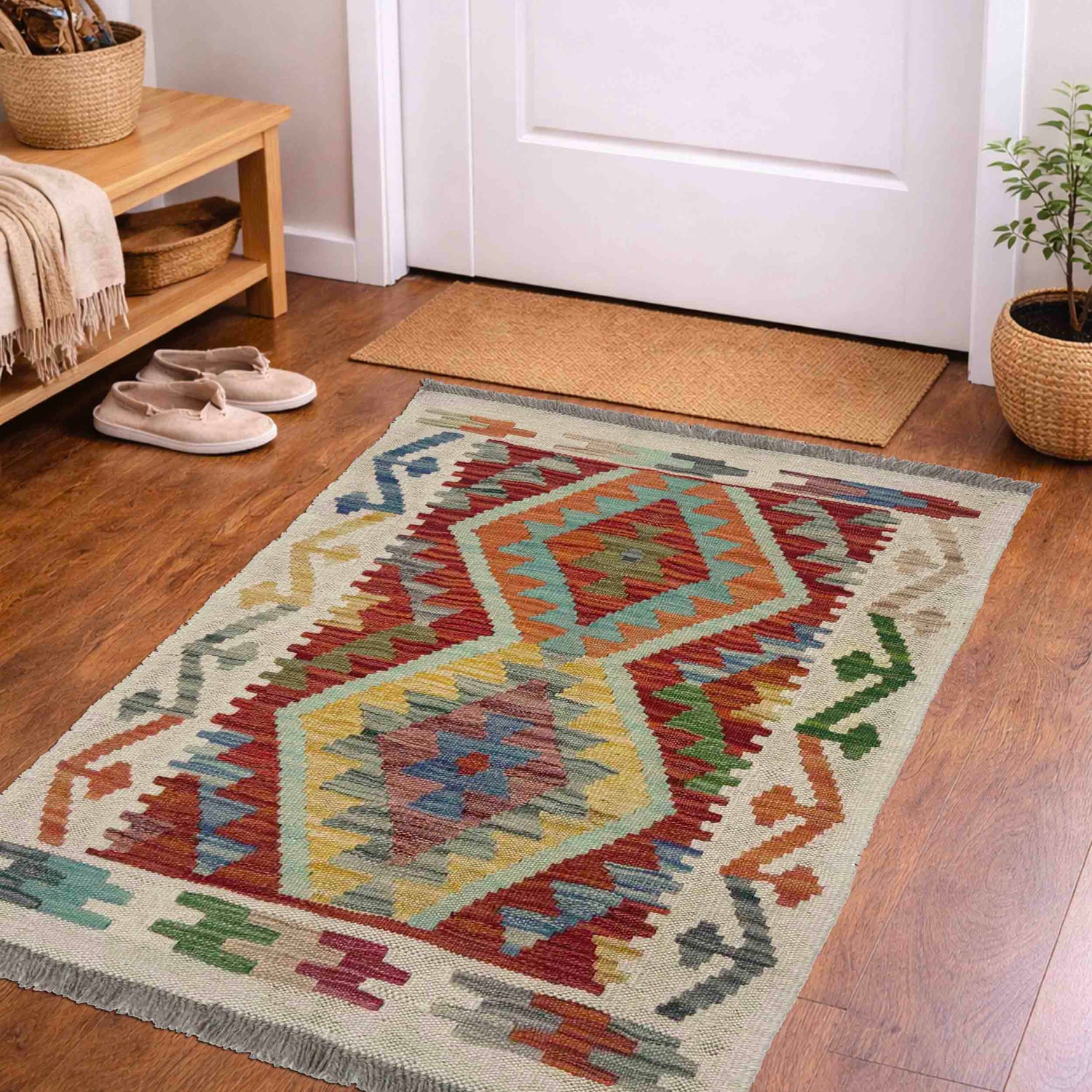 Hand Woven Wool Kelim 2' 0" x 2' 11" ft / 60 x 89 cm - No. R38393