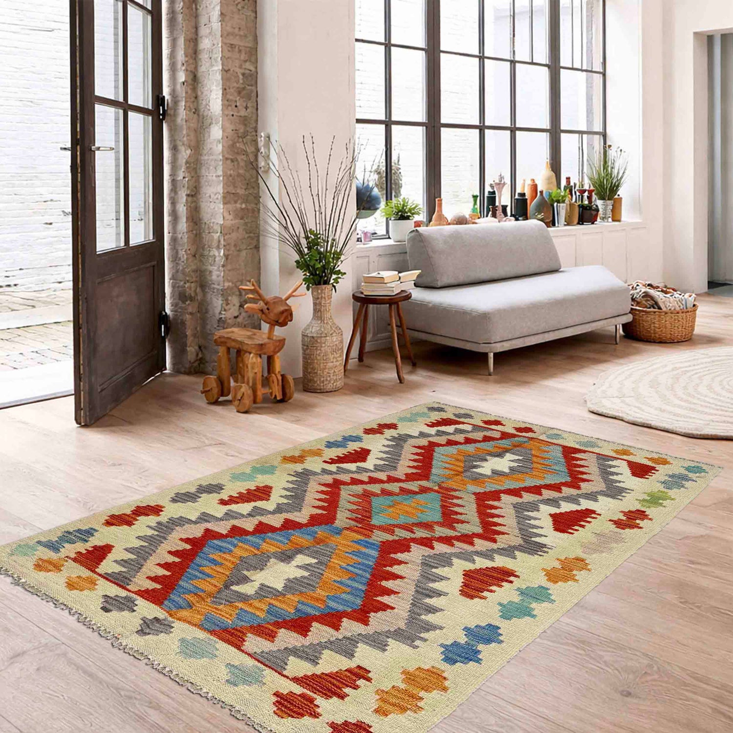 Hand Woven Wool Kelim 2' 6" x 4' 2" ft / 77 x 127 cm - No. R38407