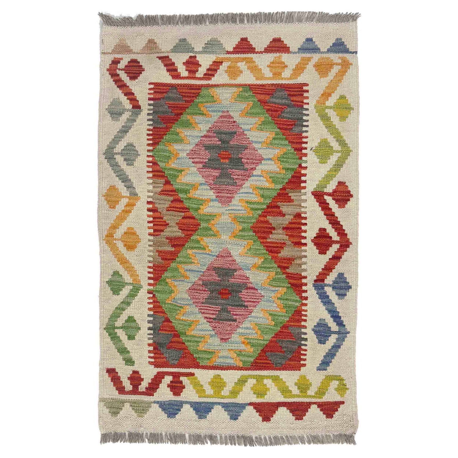 Multi Color ful Flat-Weave Wool Kilim 2' 0" x 3' 3" ft / 61 x 100 cm - No. R38417