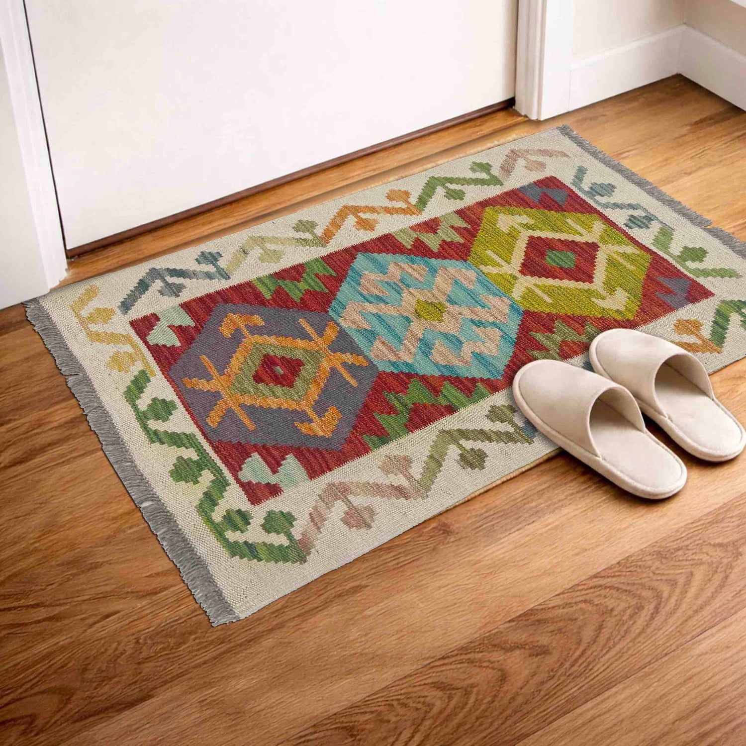 Handmade Turkish Design Wool Kilim 1' 10" x 3' 1" ft / 57 x 95 cm - No. R38436