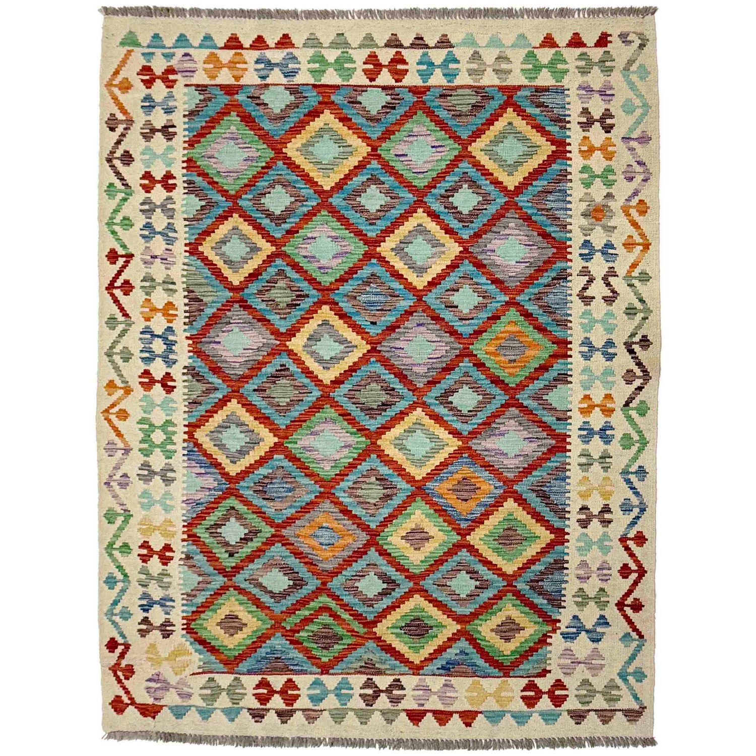 Multi Color ful Flat-Weave Wool Kilim 4' 10" x 6' 5" ft / 147 x 196 cm - No. R38451