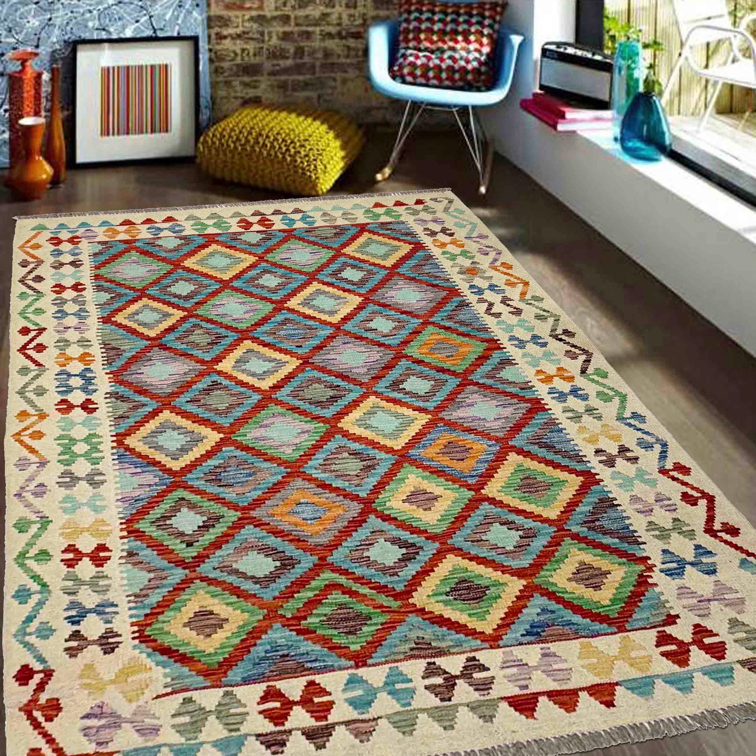 Multi Color ful Flat-Weave Wool Kilim 4' 10" x 6' 5" ft / 147 x 196 cm - No. R38451