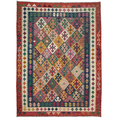 Multi Color ful Flat-Weave Wool Kilim 6' 7" x 9' 9" ft / 200 x 296 cm - No. R38628