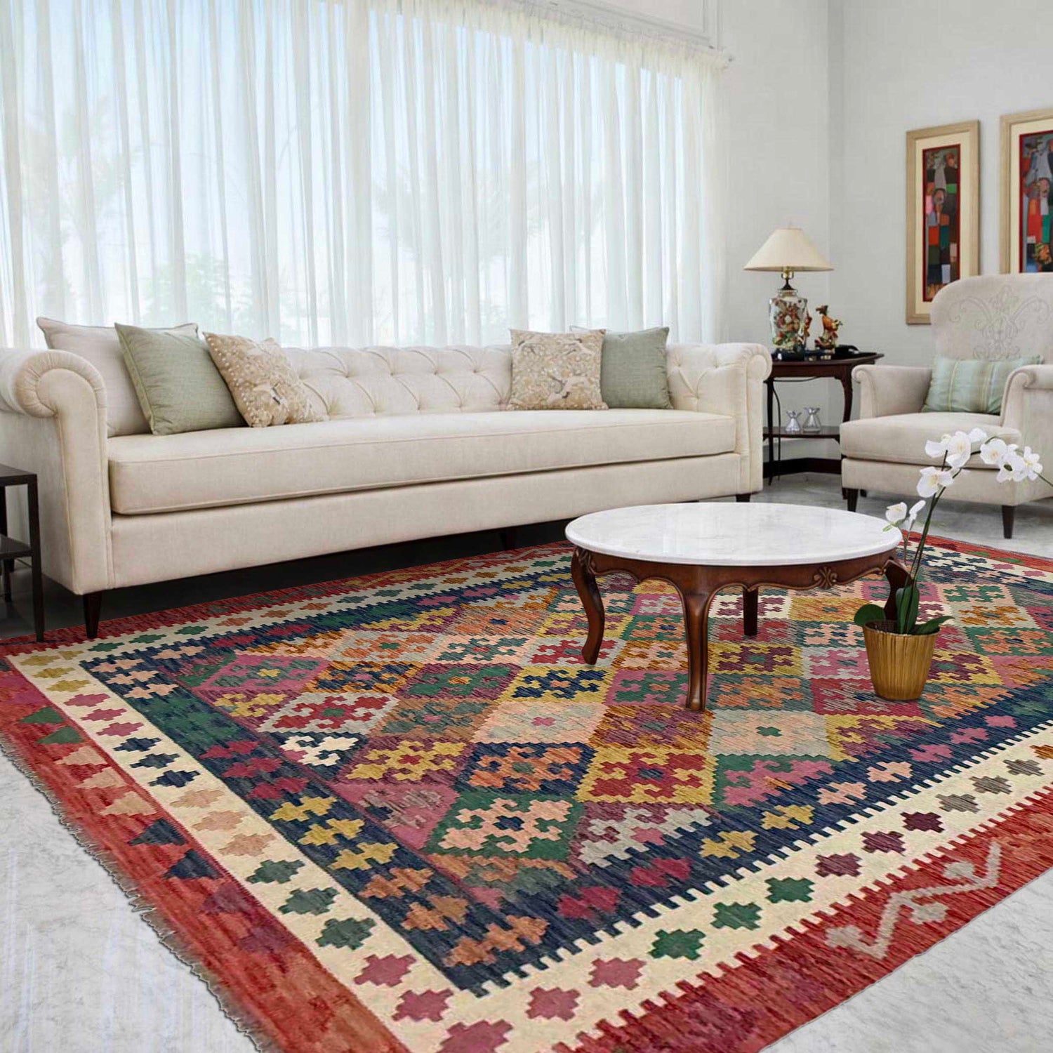 Multi Color ful Flat-Weave Wool Kilim 6' 7" x 9' 9" ft / 200 x 296 cm - No. R38628