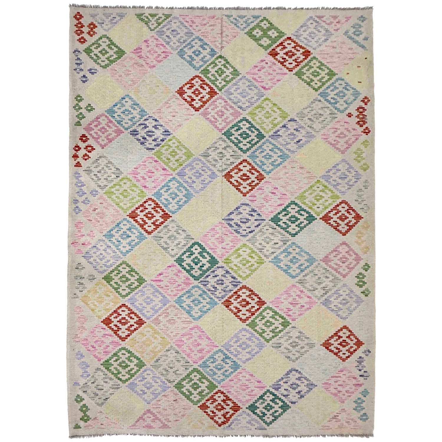 Multi Color ful Flat-Weave Wool Kilim 6' 7" x 9' 6" ft / 200 x 289 cm - No. R38629
