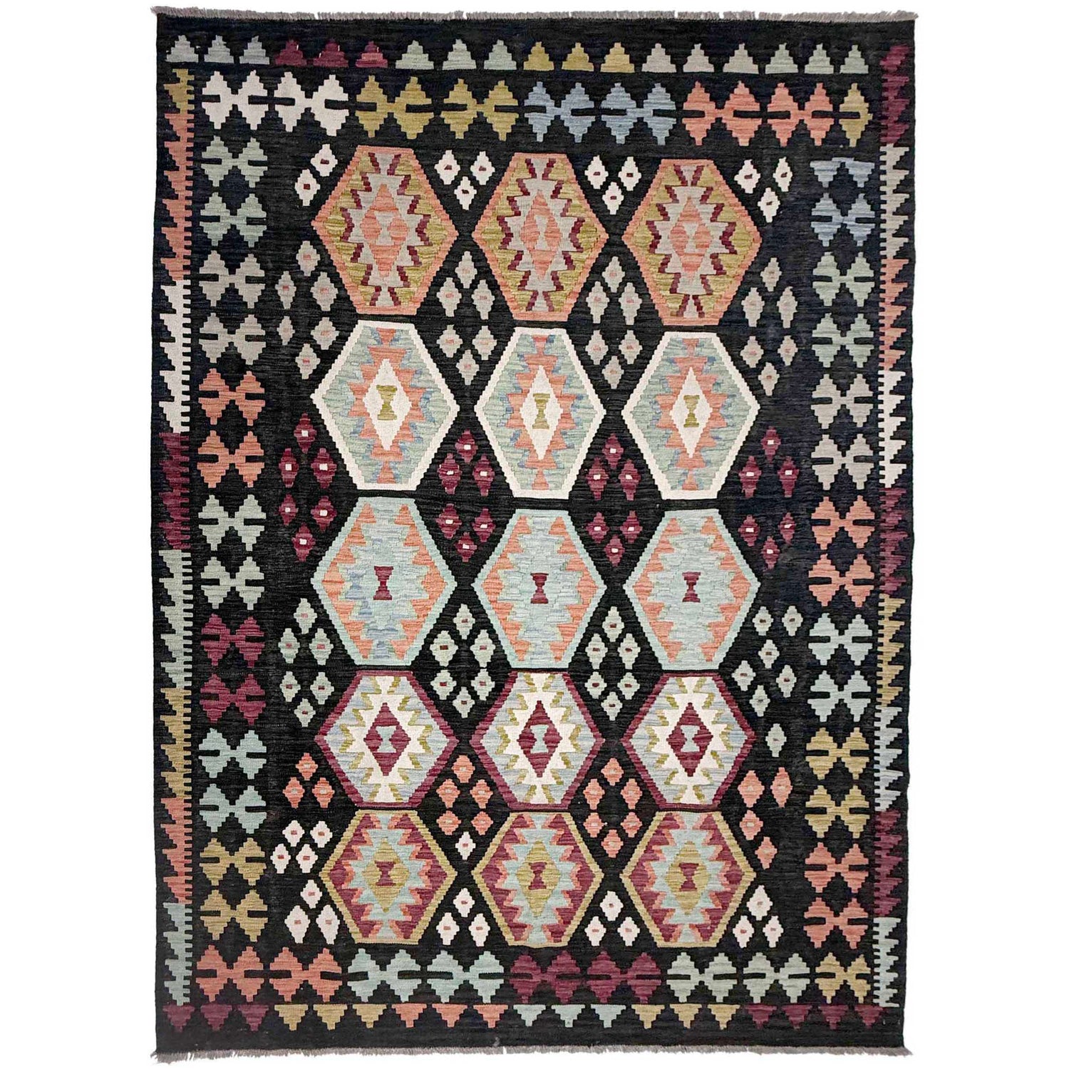 Hand Knotted Afghan Style Kilim 6' 7" x 9' 10" ft / 201 x 300 cm - No. R38634