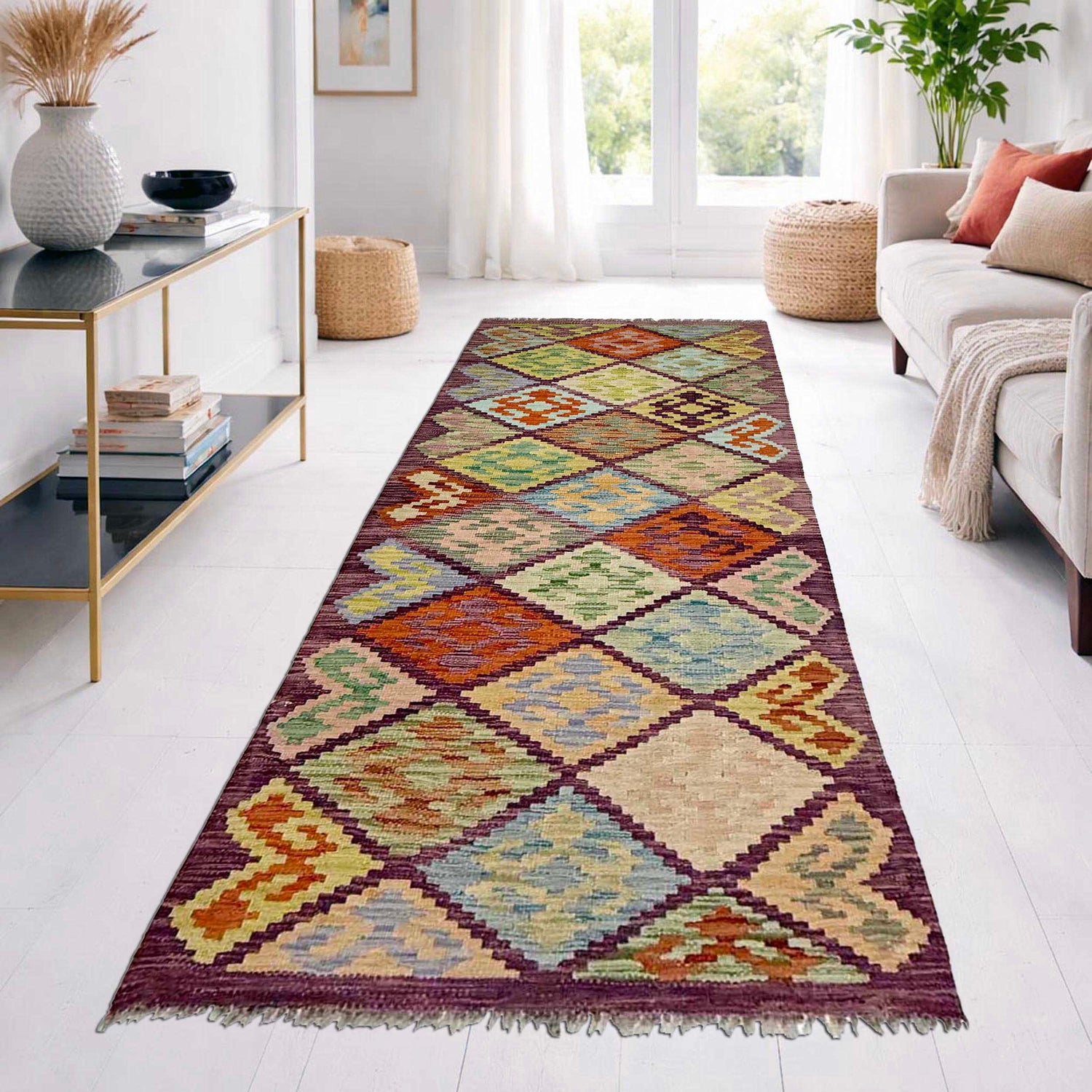 Multi Color ful Flat-Weave Wool Kilim Runner 2' 7" x 6' 7" ft / 79 x 200 cm - No. R38645