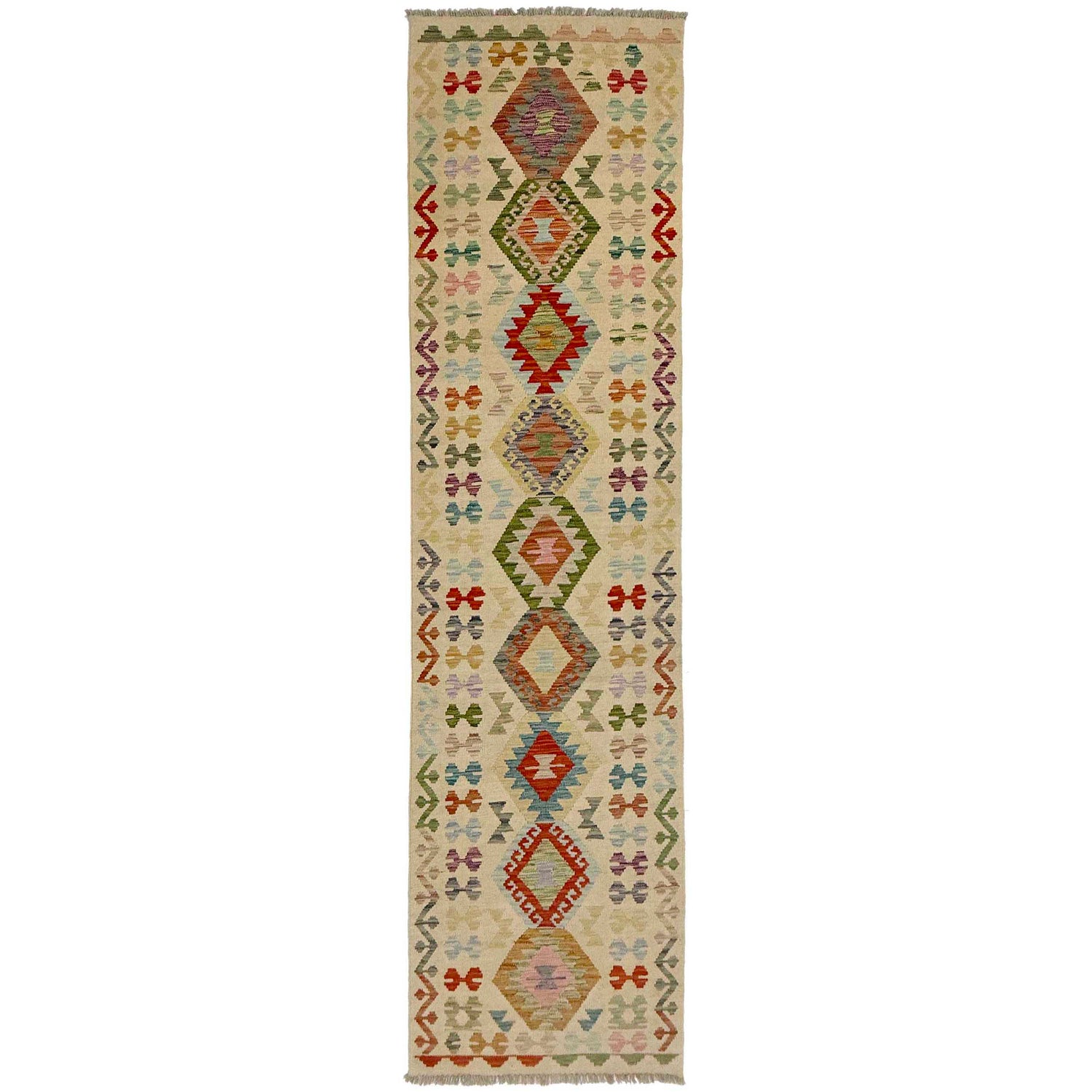Multi Color ful Flat-Weave Wool Kilim Runner 2' 7" x 9' 9" ft / 78 x 297 cm - No. R38655