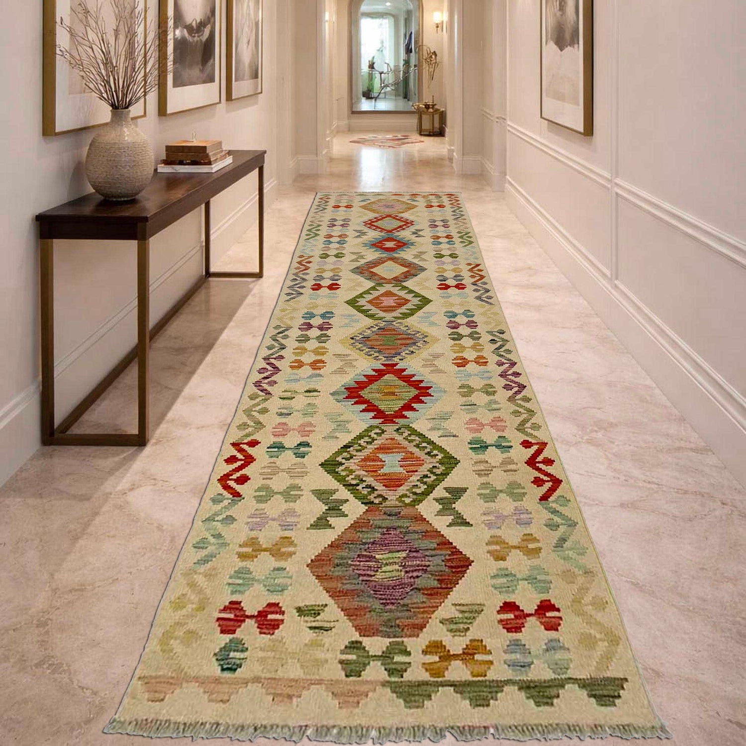 Multi Color ful Flat-Weave Wool Kilim Runner 2' 7" x 9' 9" ft / 78 x 297 cm - No. R38655