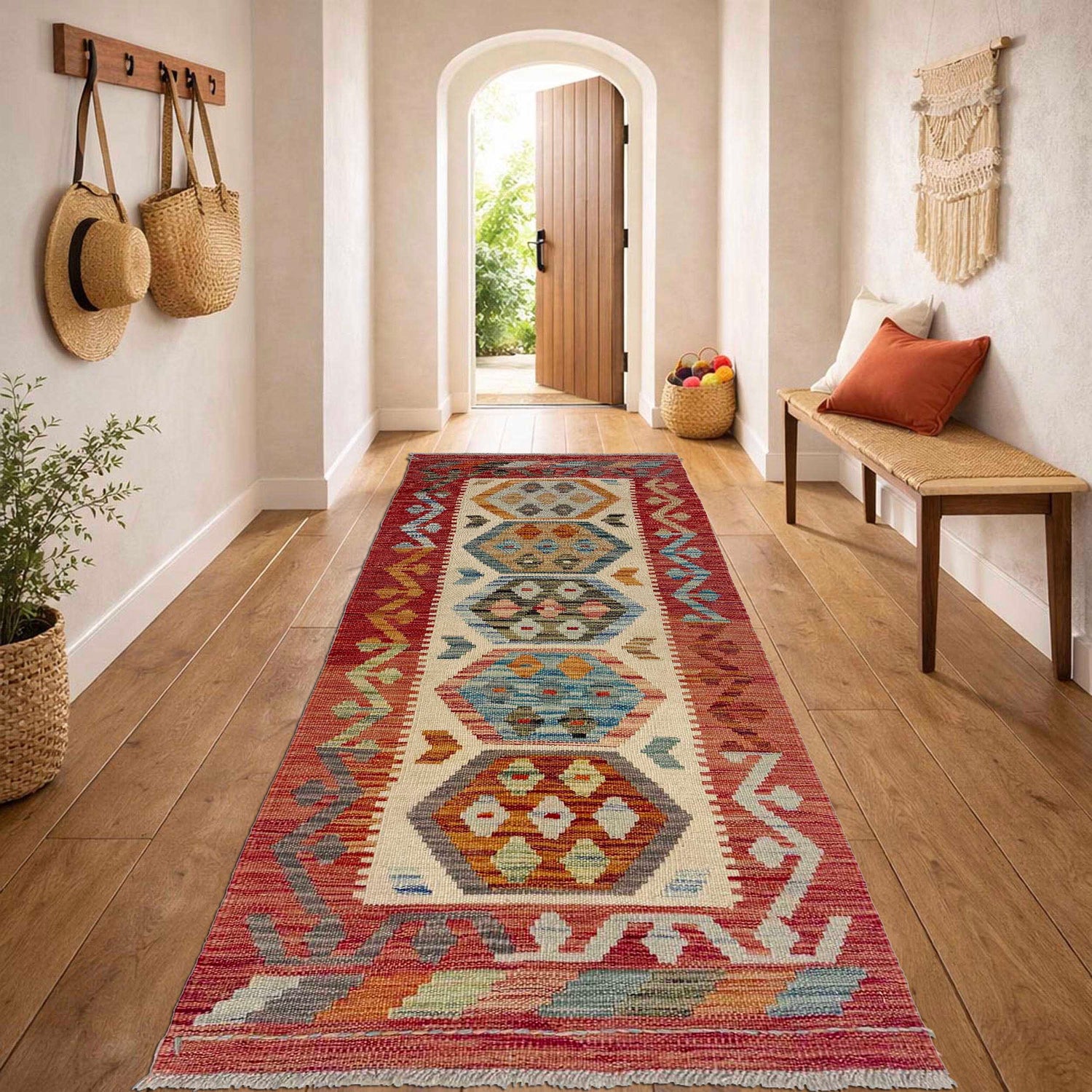 Multi Color ful Flat-Weave Wool Kilim Runner 2' 0" x 5' 10" ft / 61 x 179 cm - No. R38657