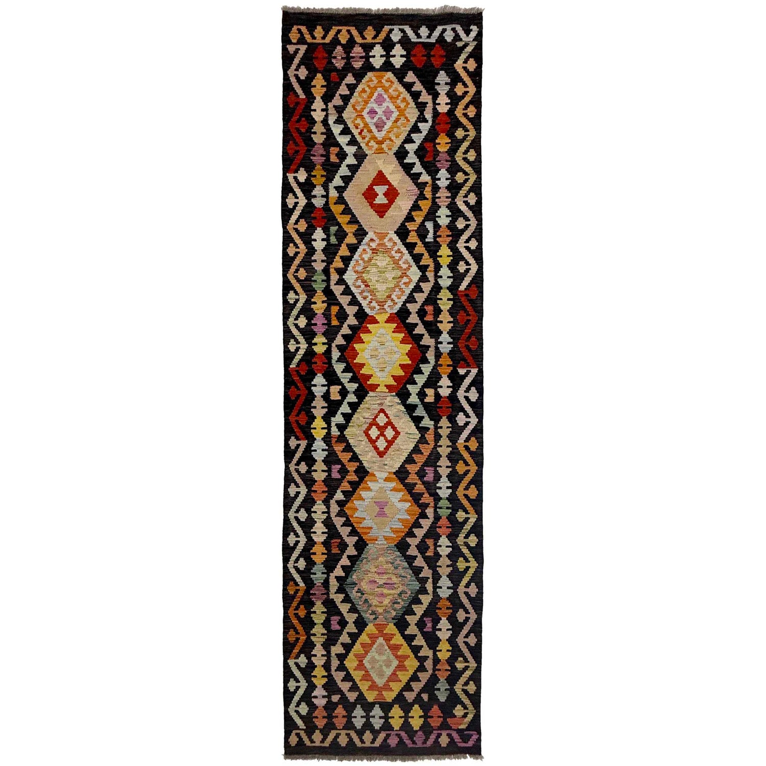 Multi Color ful Flat-Weave Wool Kilim Runner 2' 7" x 9' 10" ft / 79 x 300 cm - No. R38659