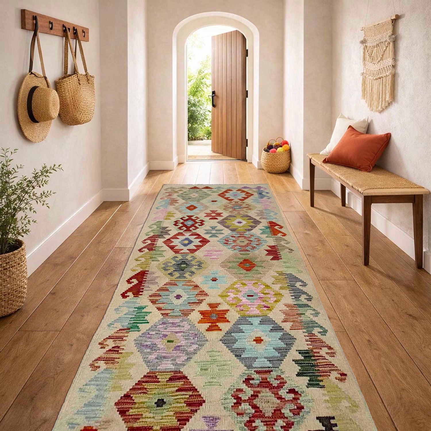 Handmade Turkish Design Wool Kilim Runner 2' 5" x 7' 1" ft / 73 x 217 cm - No. R38664
