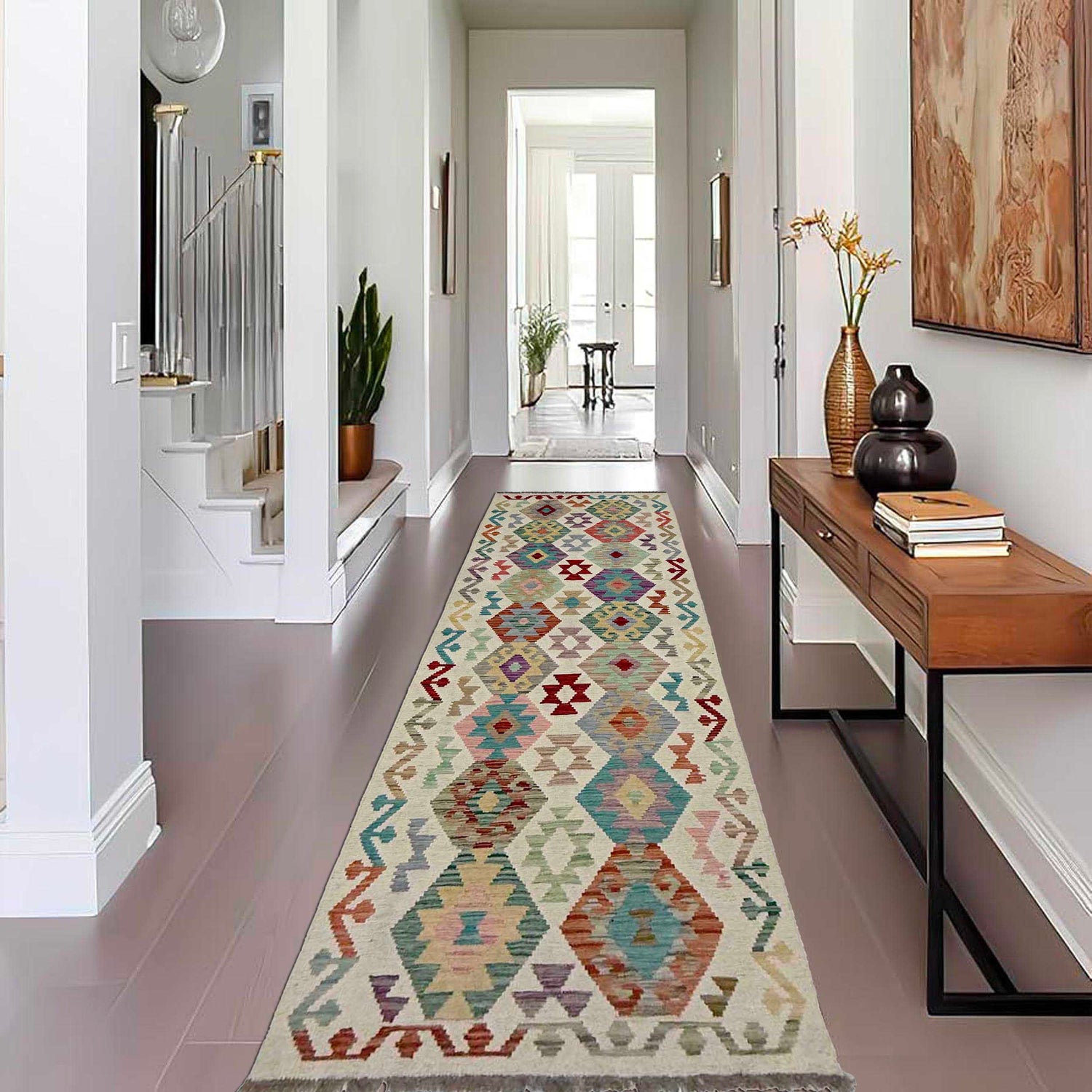 Hand Knotted Afghan Style Kilim Runner 2' 7" x 9' 6" ft / 80 x 290 cm - No. R38670