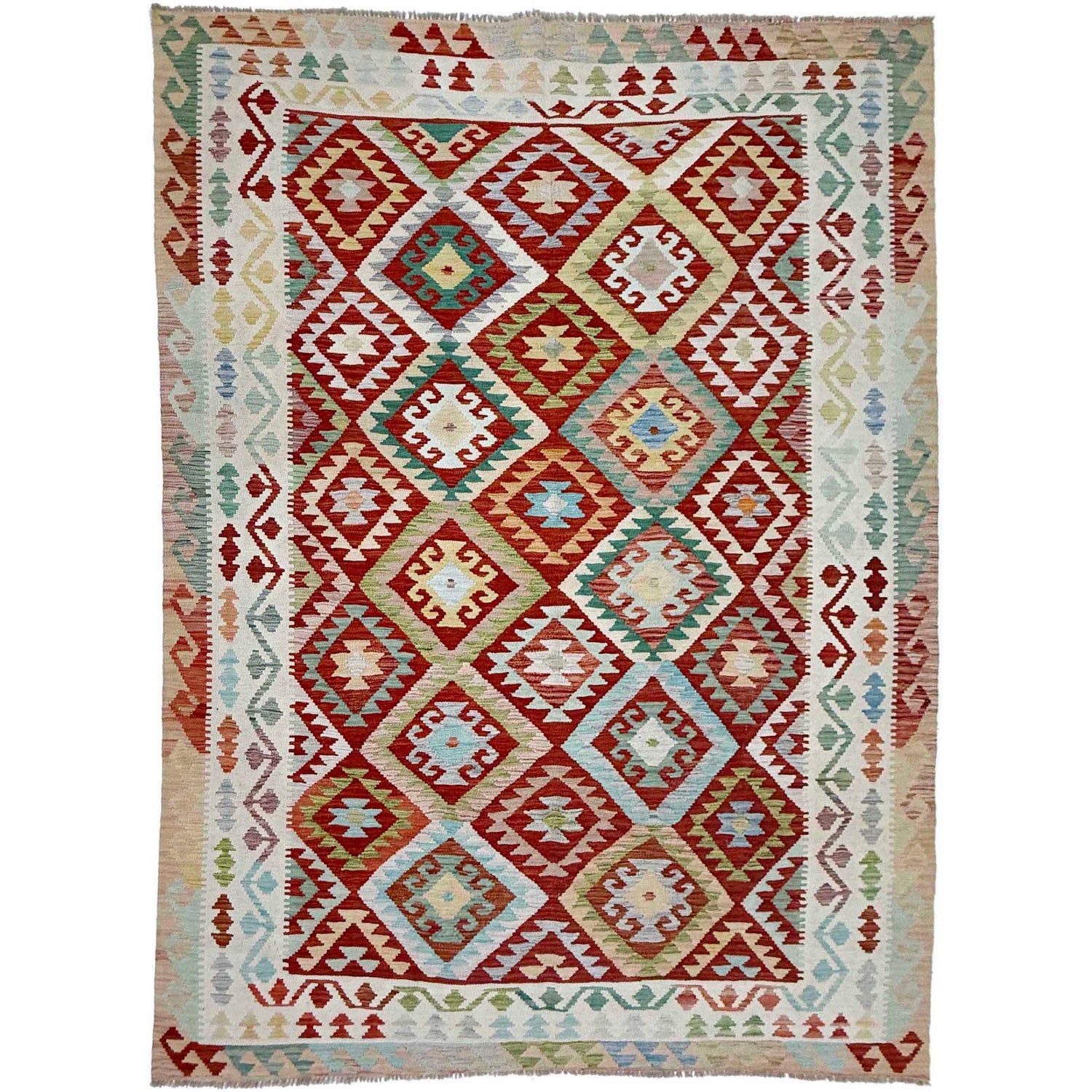 Multi Color ful Flat-Weave Wool Kilim 6' 9" x 9' 9" ft / 206 x 298 cm - No. R38674