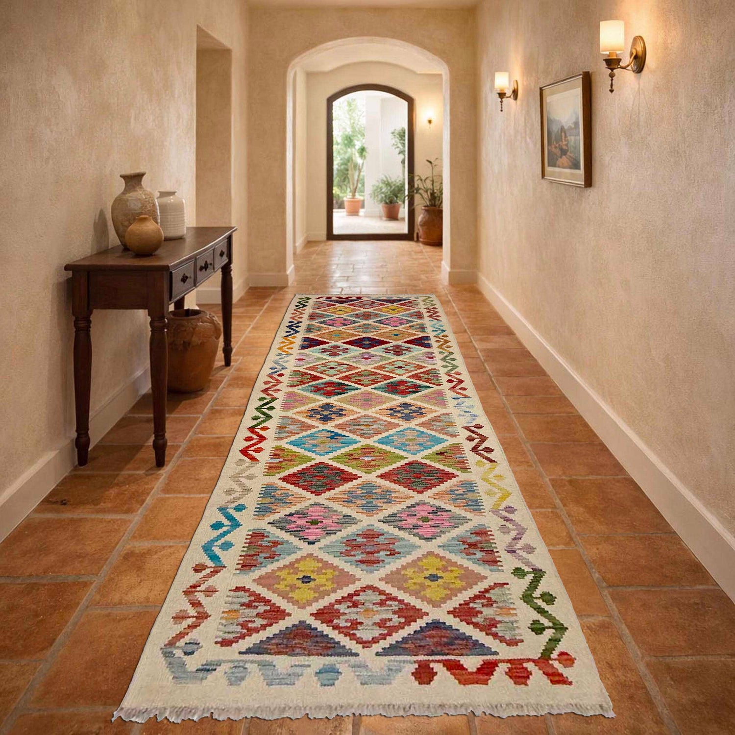 Hand Woven Wool Kelim Runner 2' 8" x 9' 5" ft / 82 x 287 cm - No. R38695