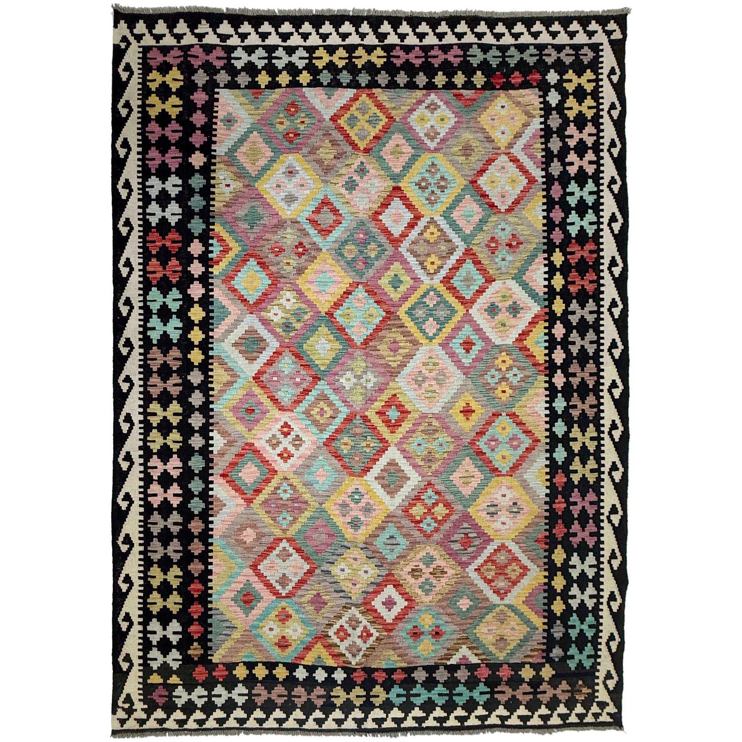 Multi Color ful Flat-Weave Wool Kilim 6' 11" x 9' 7" ft / 211 x 292 cm - No. R38713