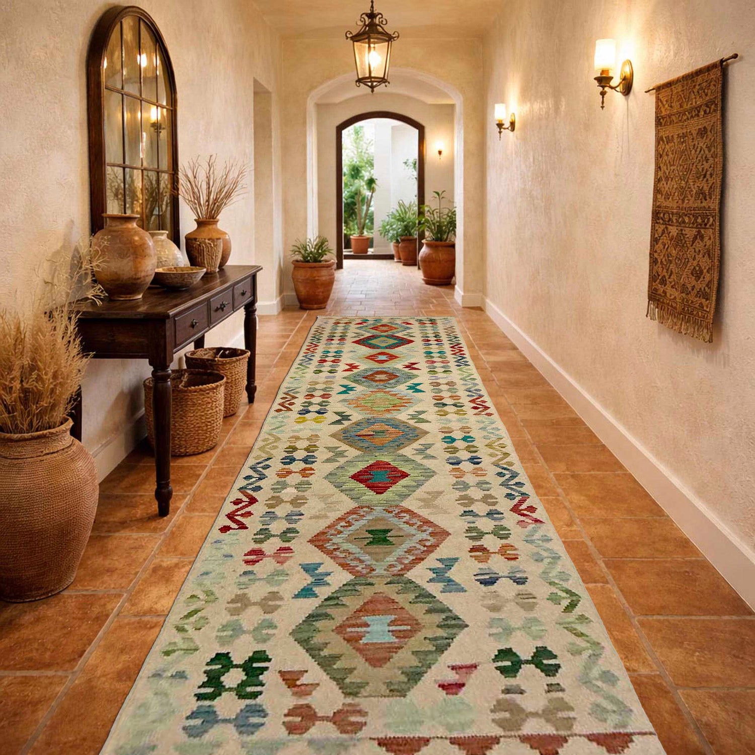 Multi Color ful Flat-Weave Wool Kilim Runner 2' 7" x 9' 11" ft / 78 x 301 cm - No. R38721