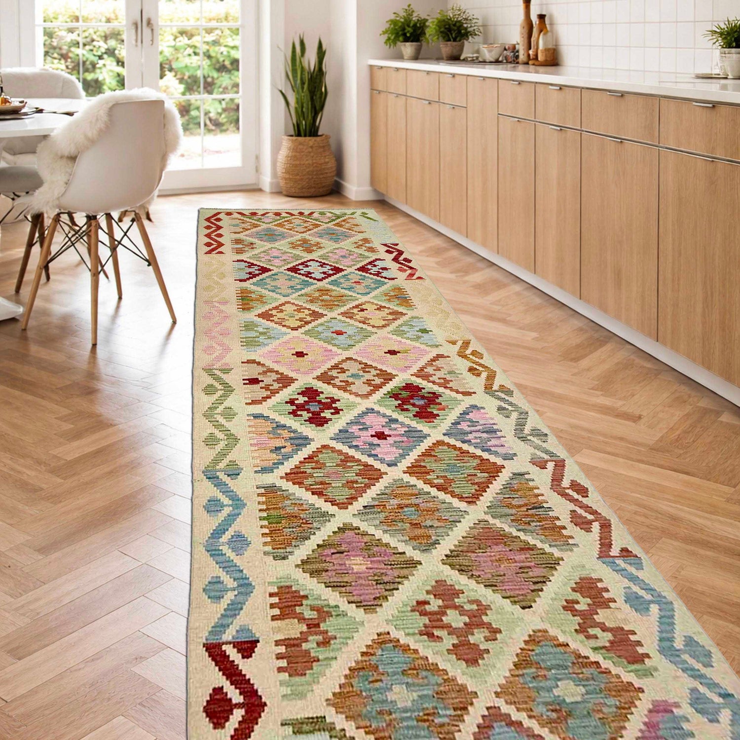 Multi Color ful Flat-Weave Wool Kilim Runner 2' 9" x 9' 6" ft / 85 x 290 cm - No. R38736