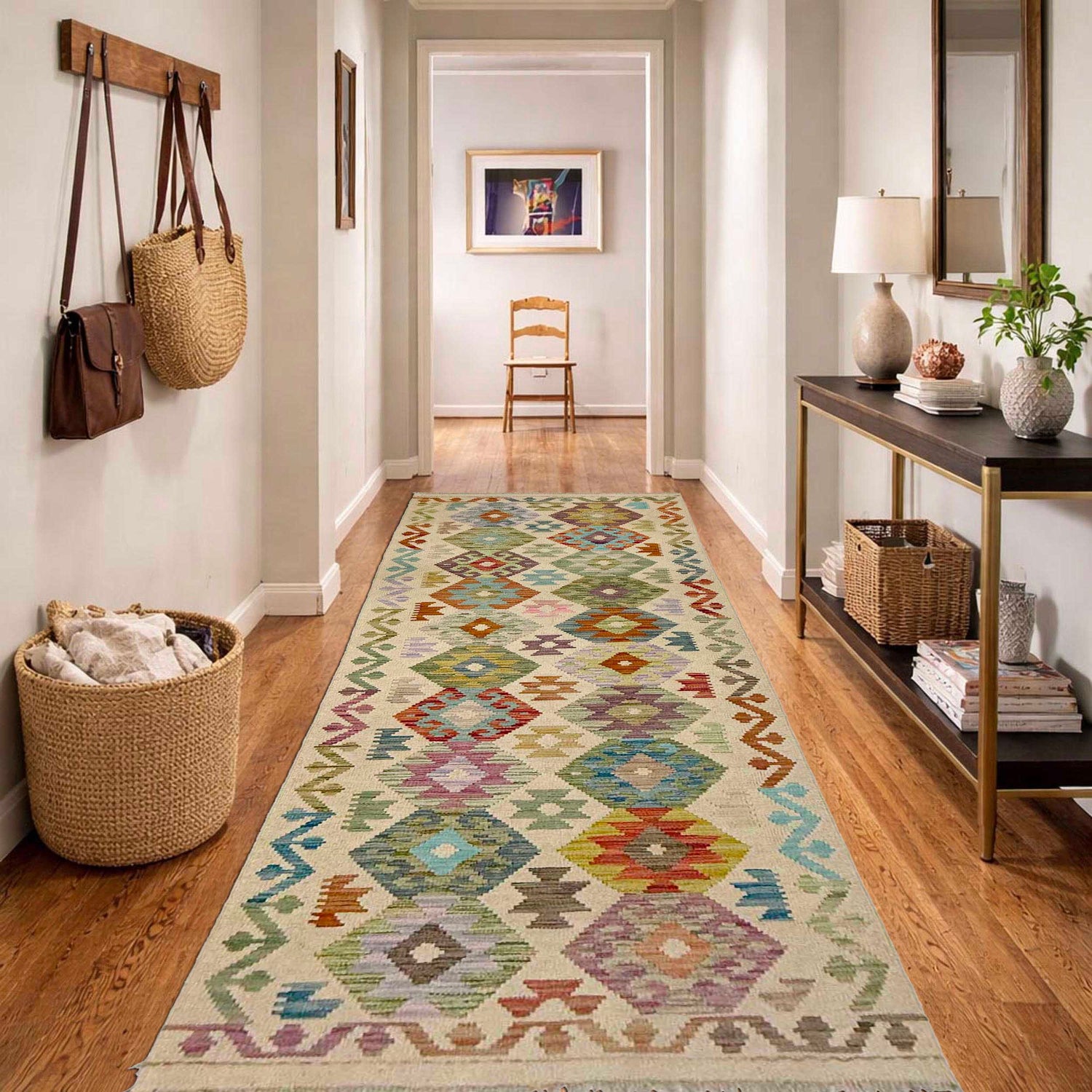 Hand Woven Wool Kelim Runner 2' 7" x 9' 5" ft / 79 x 288 cm - No. R38740