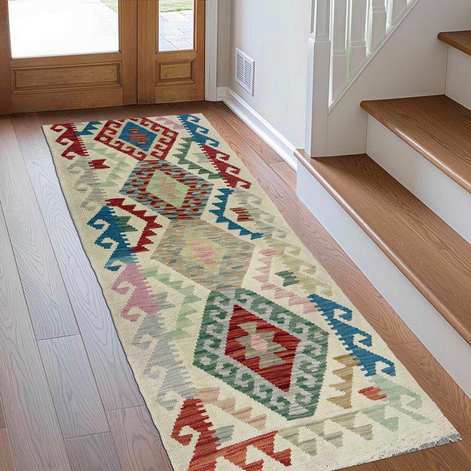 Multi Color ful Flat-Weave Wool Kilim Runner 2' 0" x 5' 8" ft / 61 x 172 cm - No. R38741