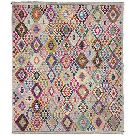 Multi Color ful Flat-Weave Wool Kilim 8' 2" x 9' 10" ft / 250 x 300 cm - No. R38777