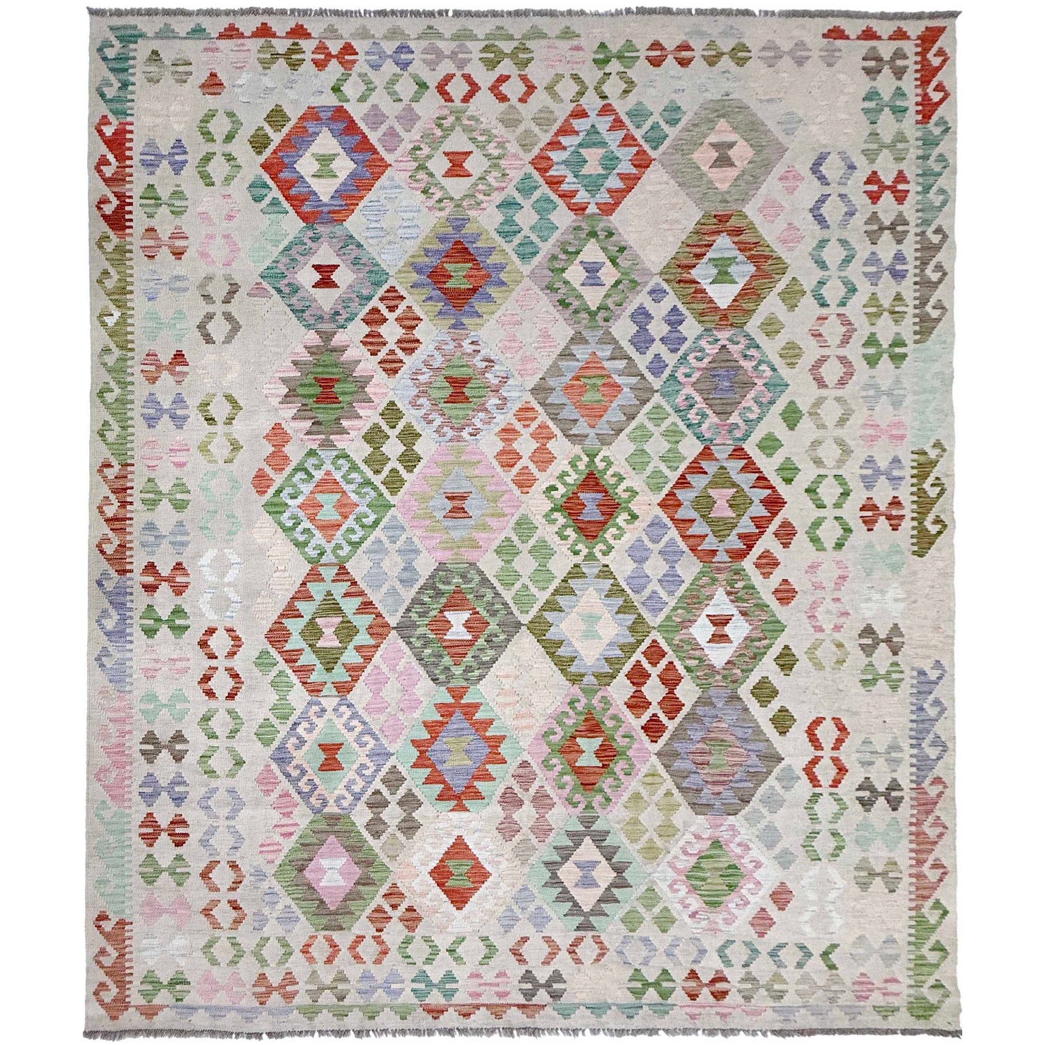 Multi Color ful Flat-Weave Wool Kilim 8' 0" x 9' 9" ft / 244 x 296 cm - No. R38780