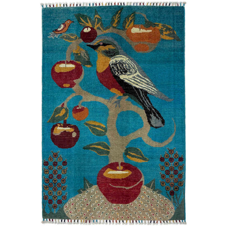 Hand Knotted Birds Pictorial Area Rug 3' 3" x 4' 9" ft / 99 x 145 cm - No. R38793