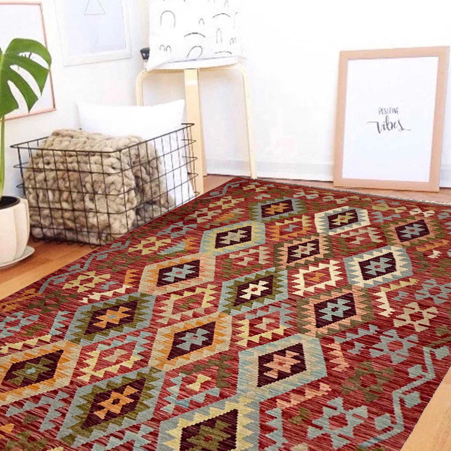 Multi Color ful Flat-Weave Wool Kilim 5' 1" x 6' 11" ft / 155 x 210 cm - No. R38806