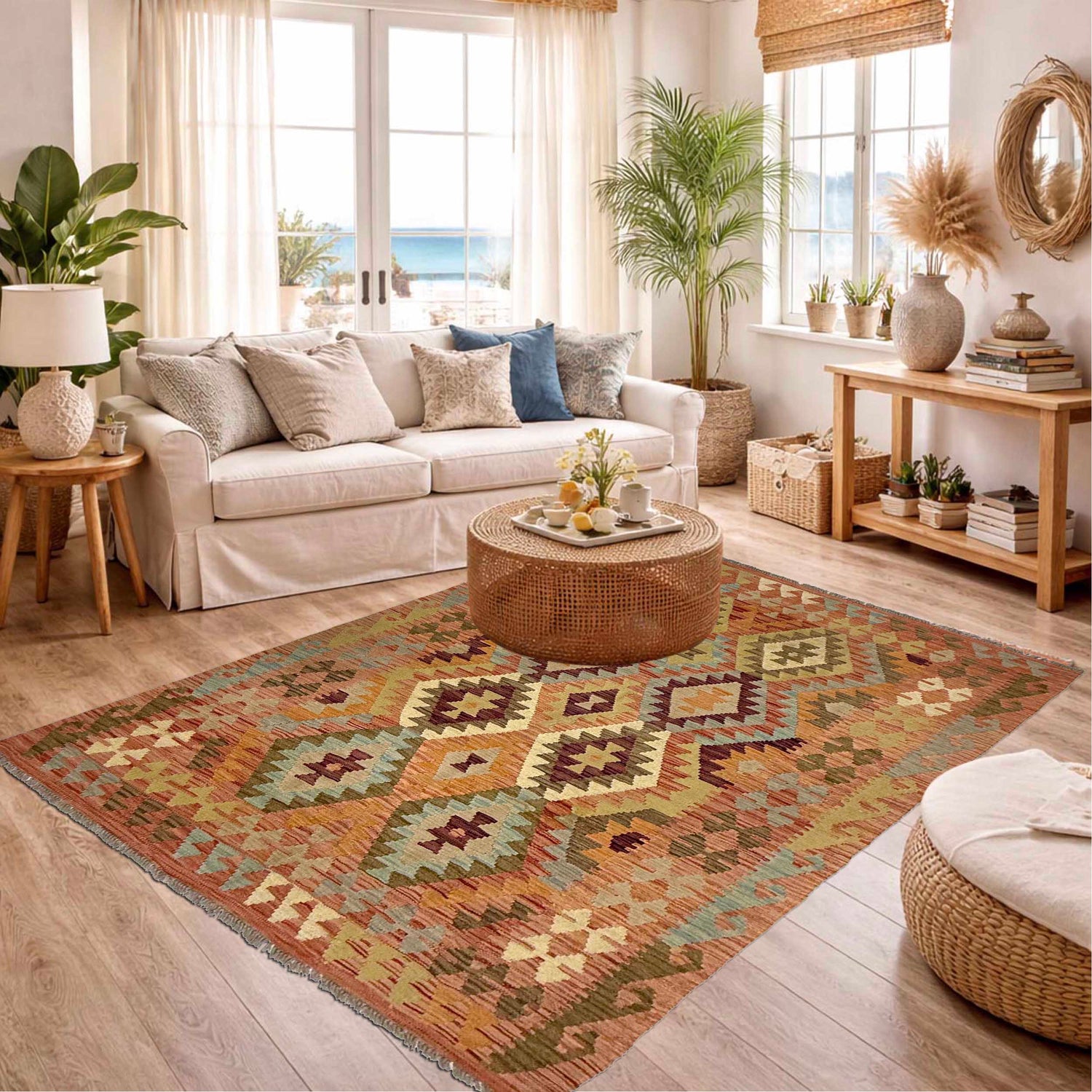 Hand Woven Wool Kelim 4' 7" x 6' 2" ft / 140 x 189 cm - No. R38813