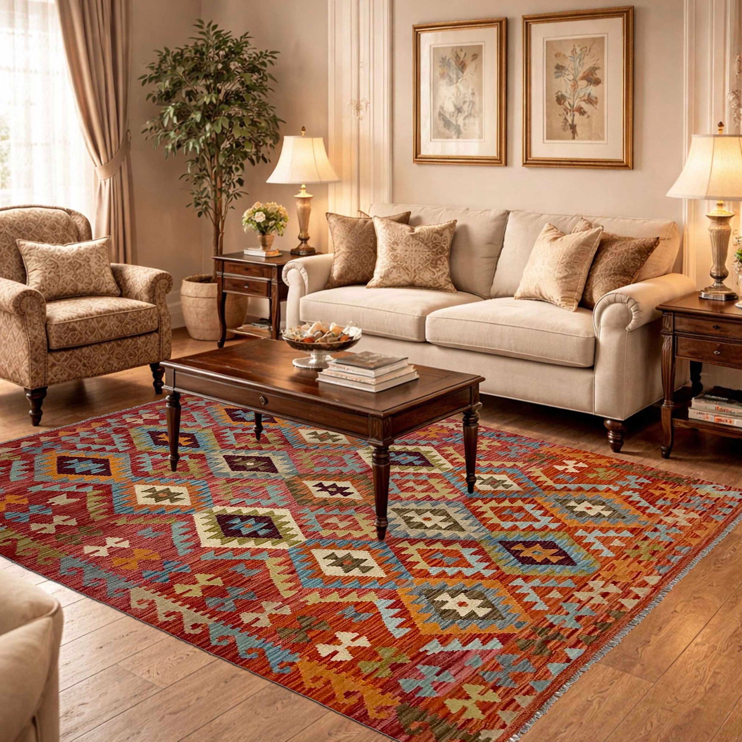 Handmade Turkish Design Wool Kilim 5' 3" x 6' 8" ft / 159 x 202 cm - No. R38814